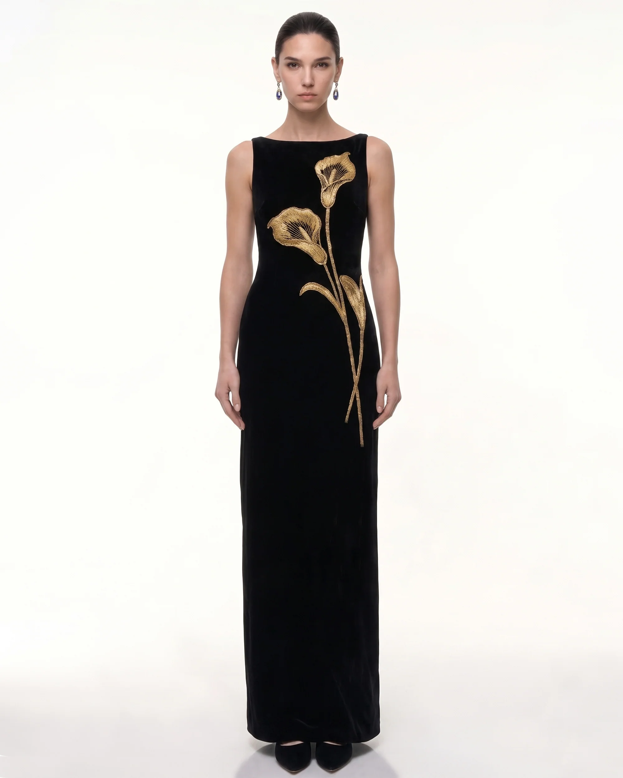 Calla Lily Embellished Velvet Column Maxi Dress - Black