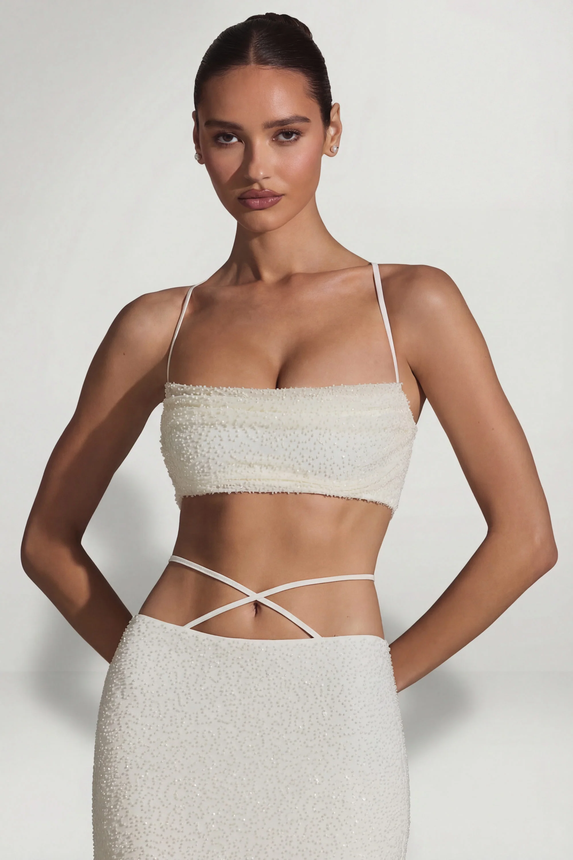 Embellished Cross Back Crop Top in White