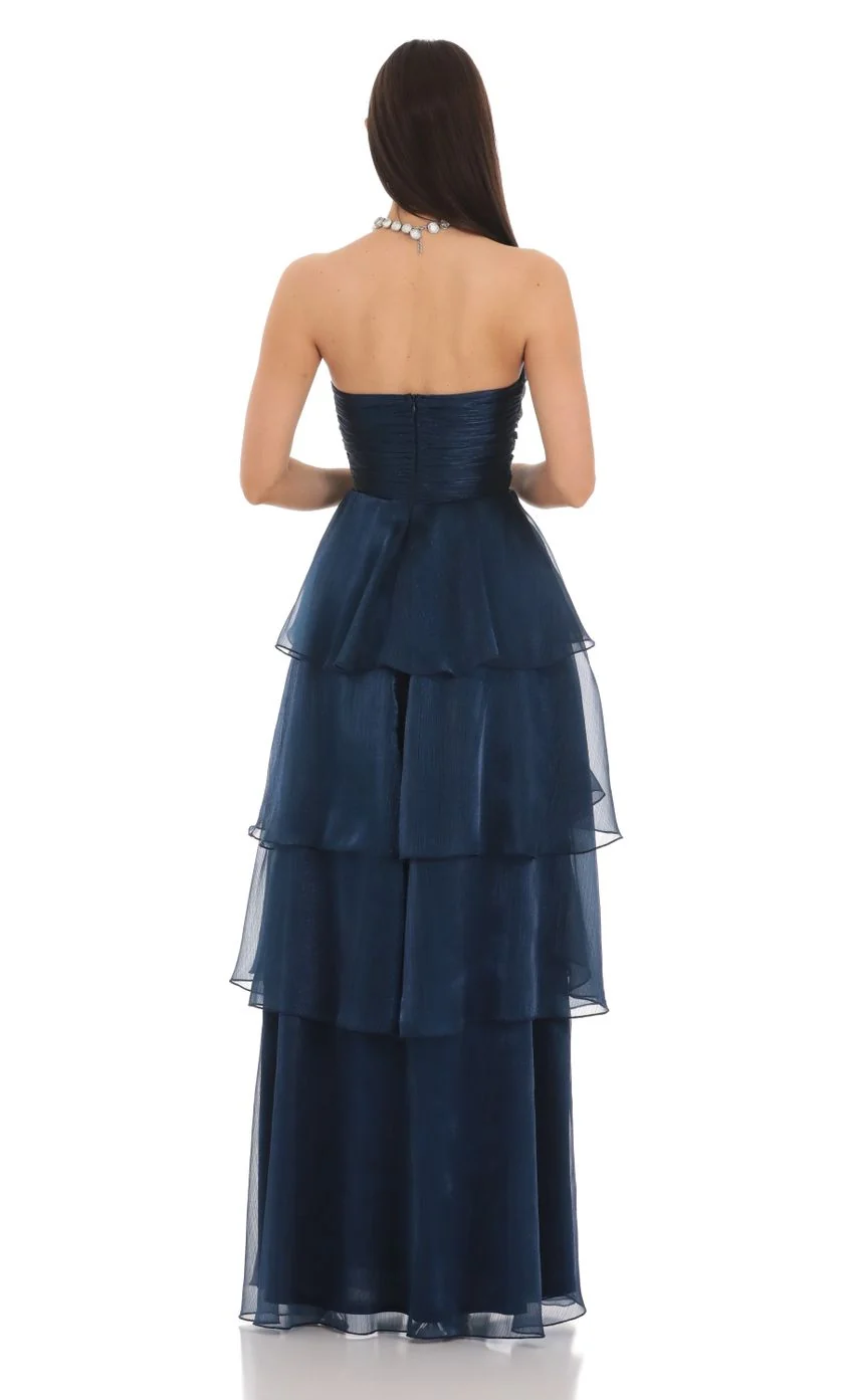 Corset Ruffle Strapless Maxi Dress in Navy