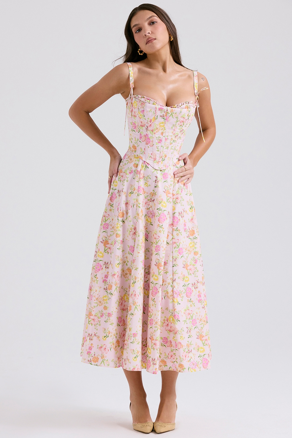 pink meadow print cotton midi sundress
