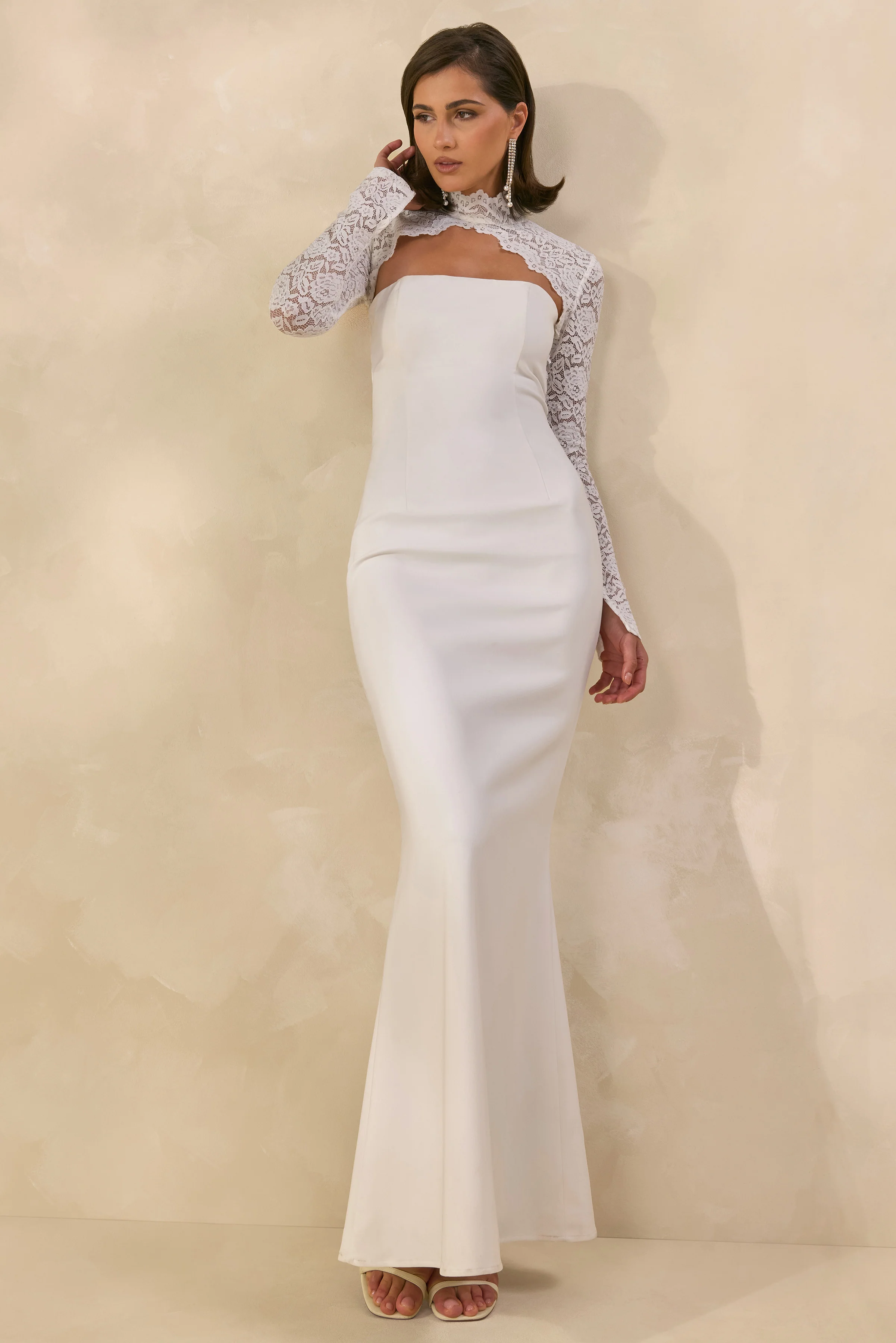 Yarrow | White Lace High-Neck Maxi-Dress With Open-Back