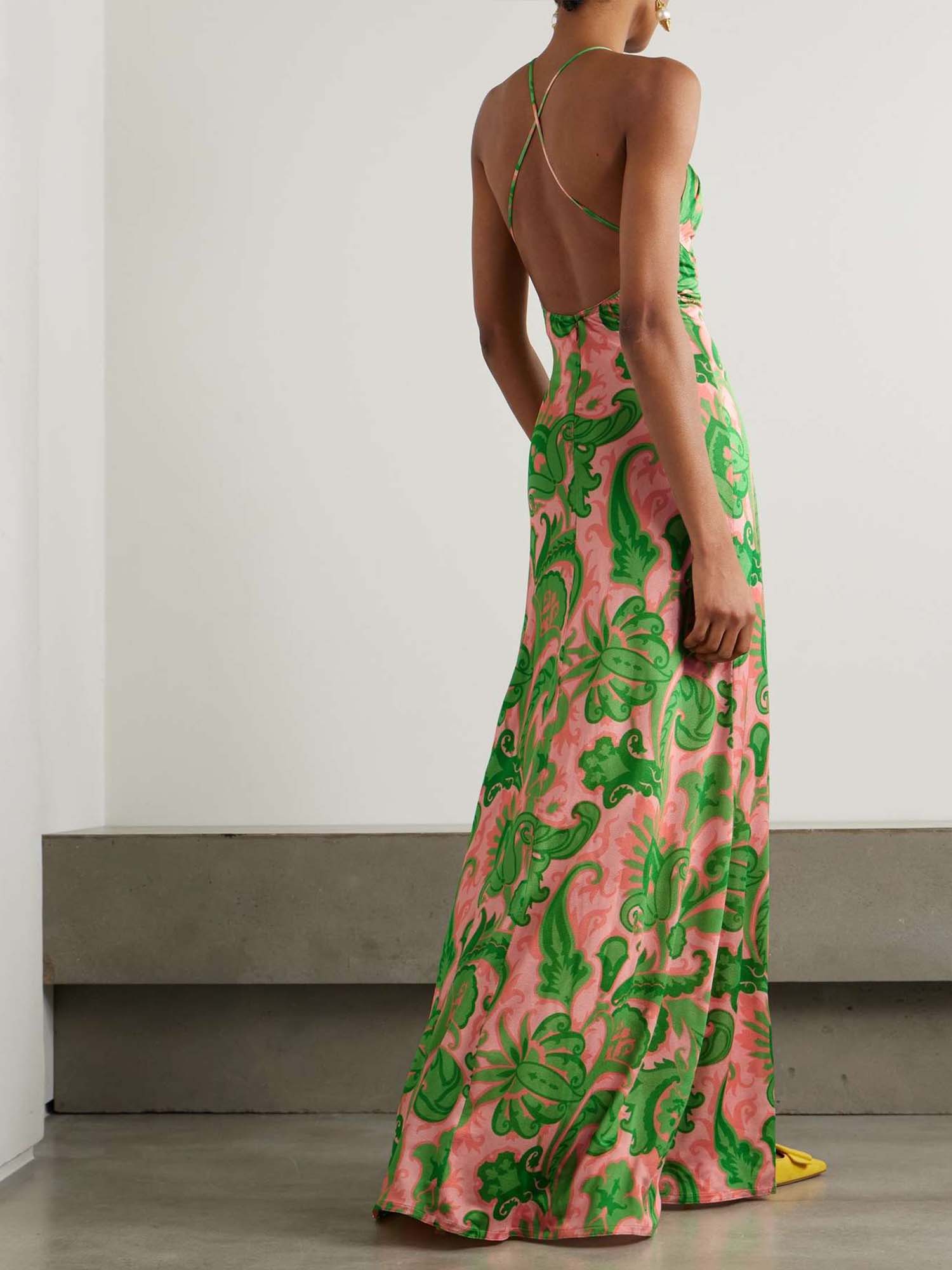 Green & Coral Printed Halter Maxi Dress