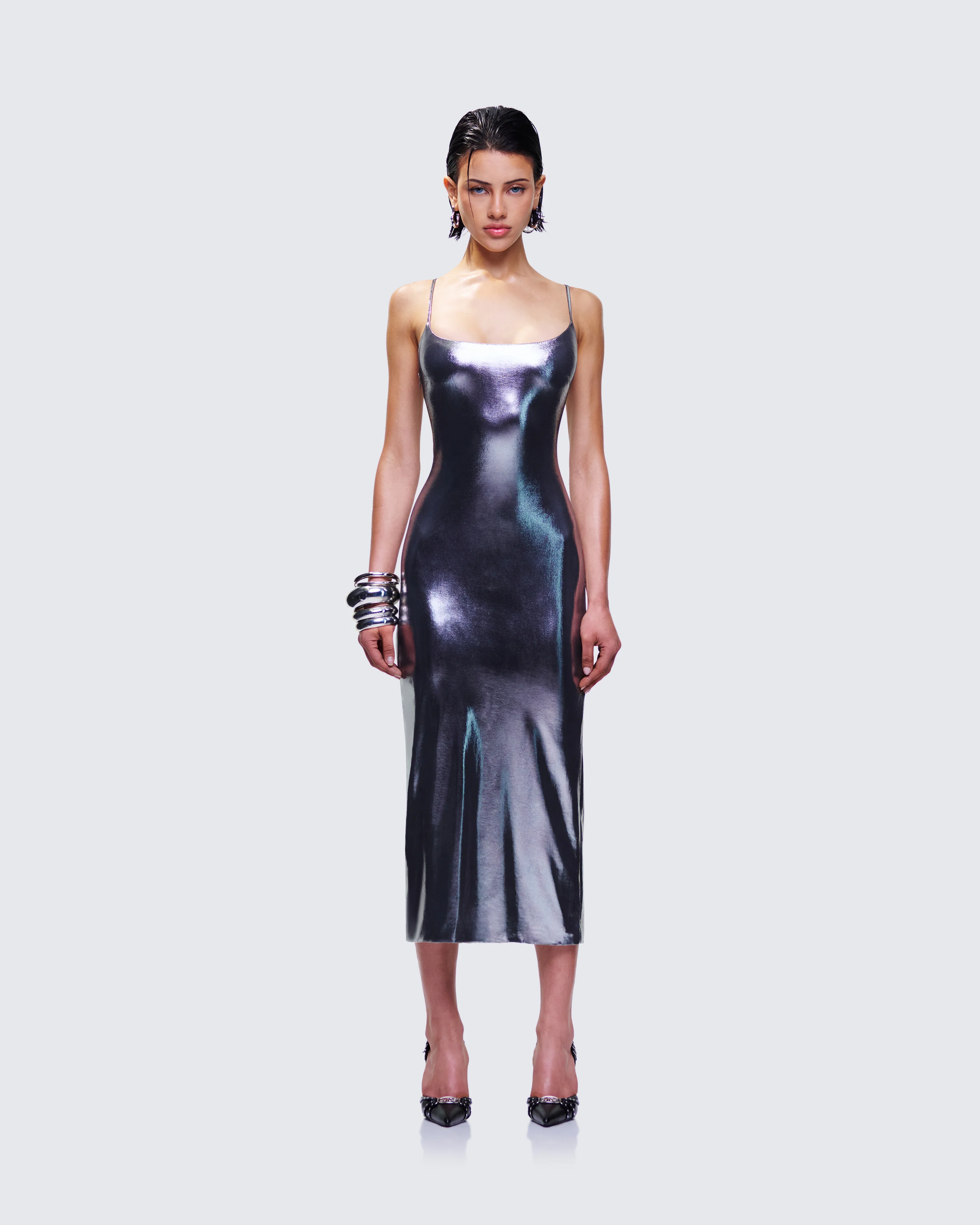 Aurra Metallic Gunmetal Midi Dress