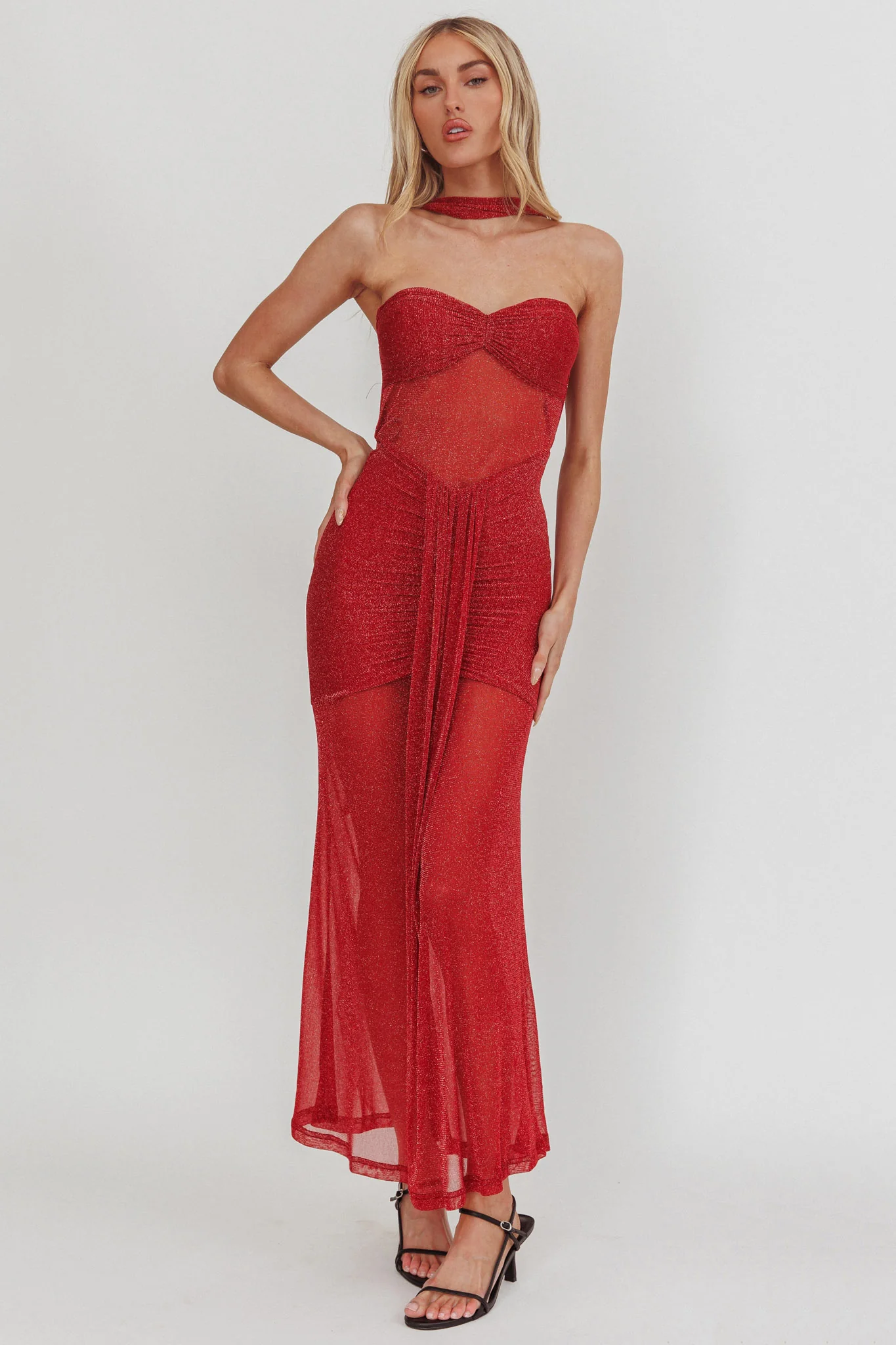 Elma Bandeau Sheer Shimmer Maxi Dress Red - luluinthesky