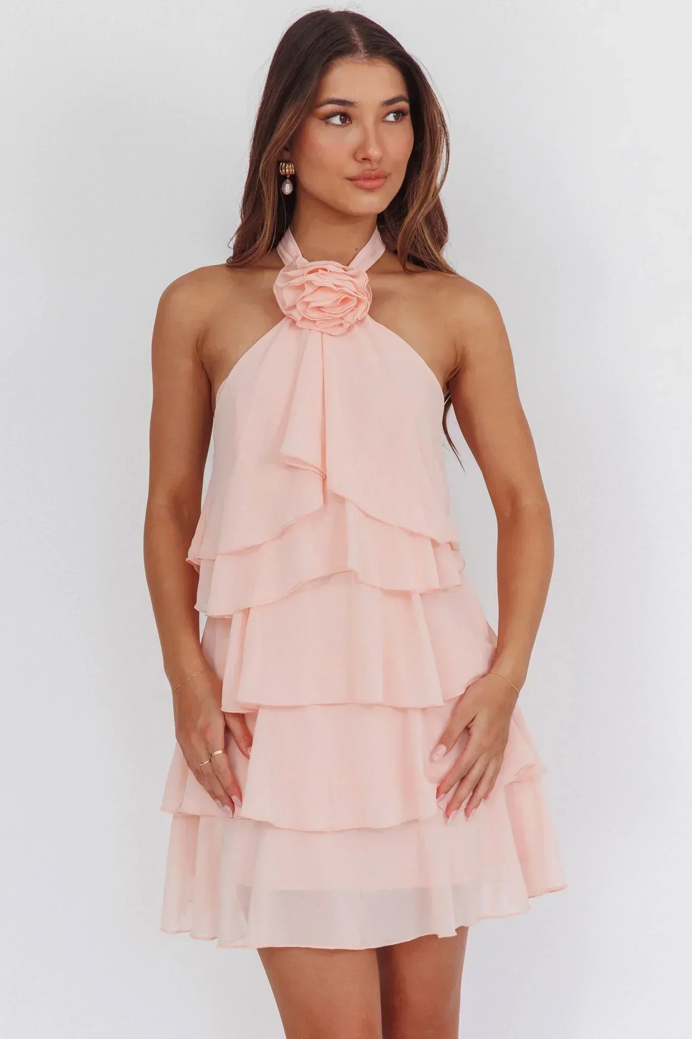 Southern Belles Halterneck Ruffle Mini Dress Pink