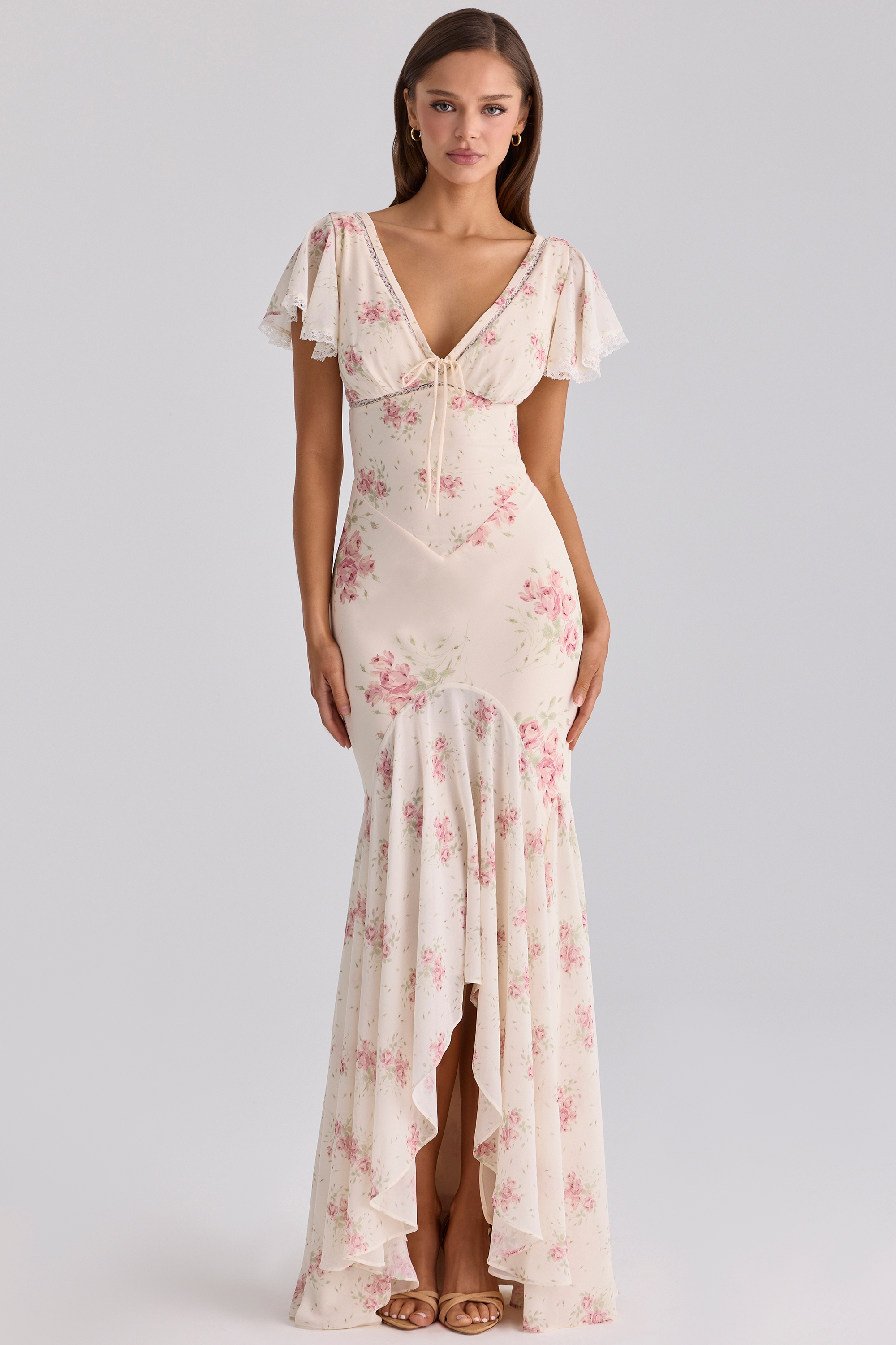 Ivory Vintage Rose Print Georgette Maxi Tea Dress