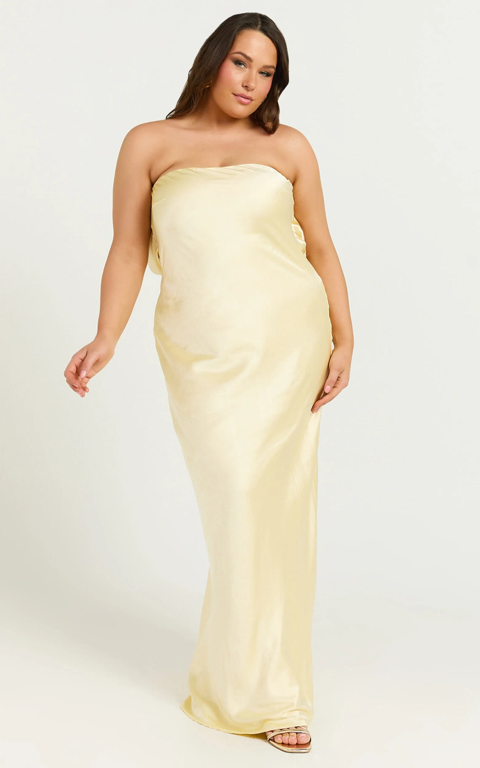 Charlita Maxi Dress - Strapless Cowl Back Satin Dress in Butter Yellow