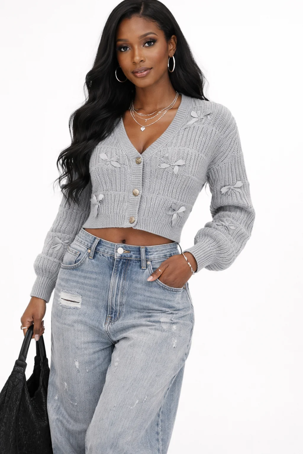 Ribbon Bow Cropped Cardigan Sweater