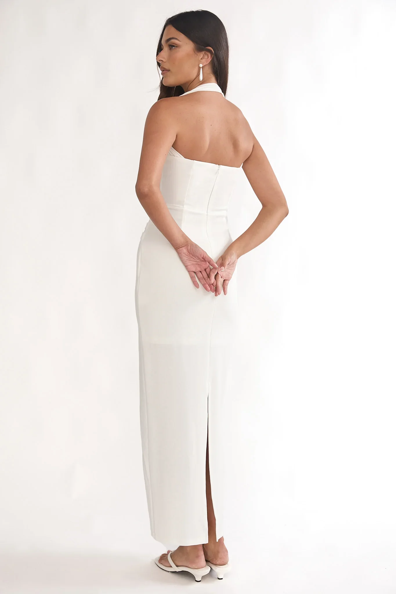 Fly Me To Paris Pleat Bodice Halterneck Maxi Dress White