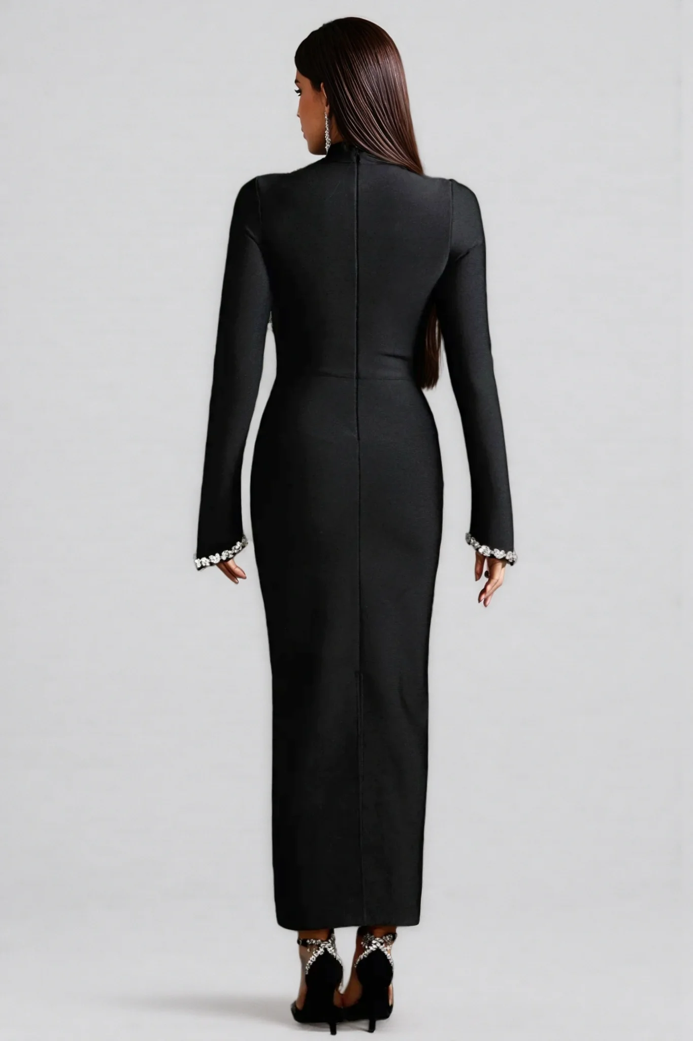 Jersey Diamond Setting Long Sleeve Bandage Maxi Dress