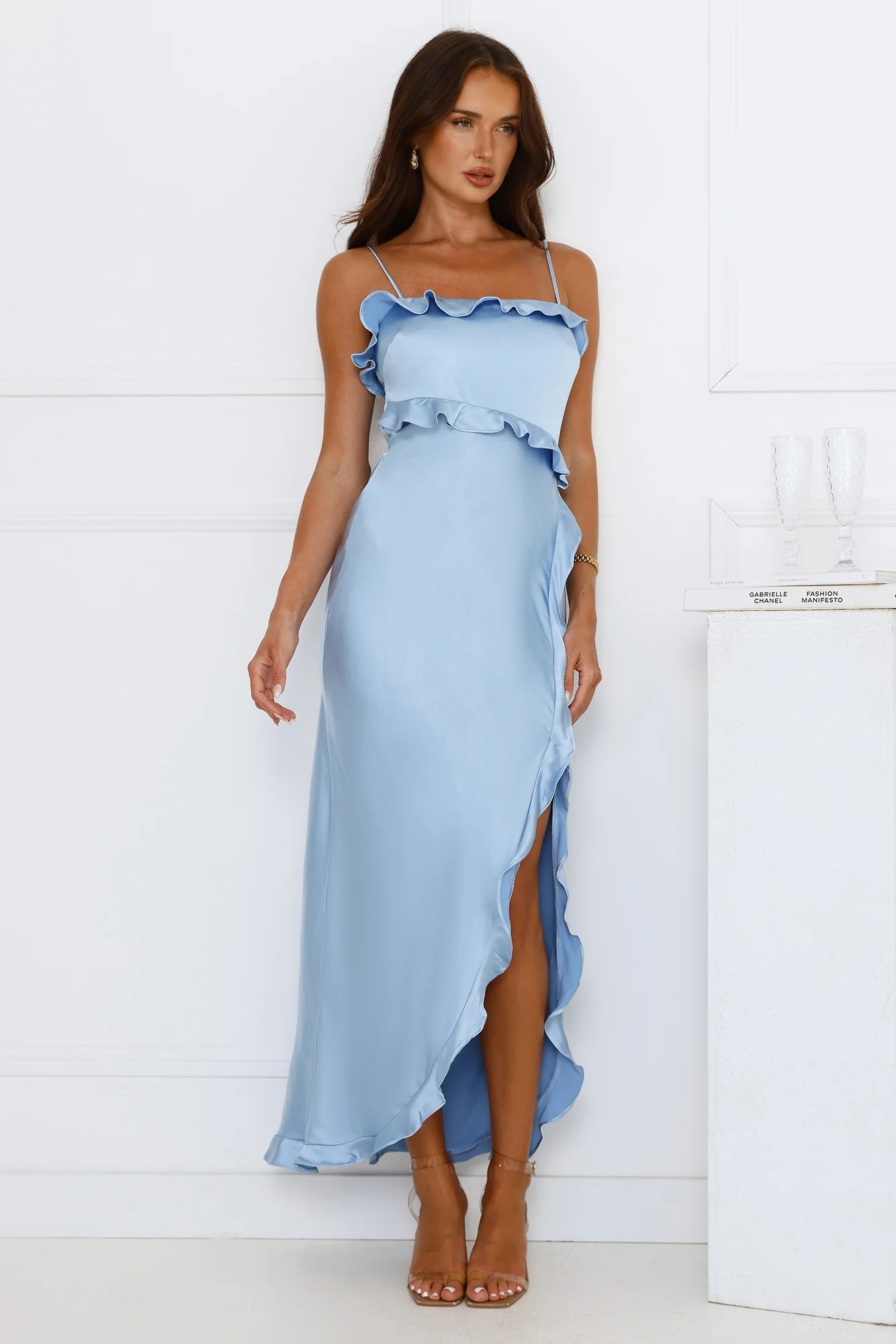 Vibrant Vixen Satin Maxi Dress Blue