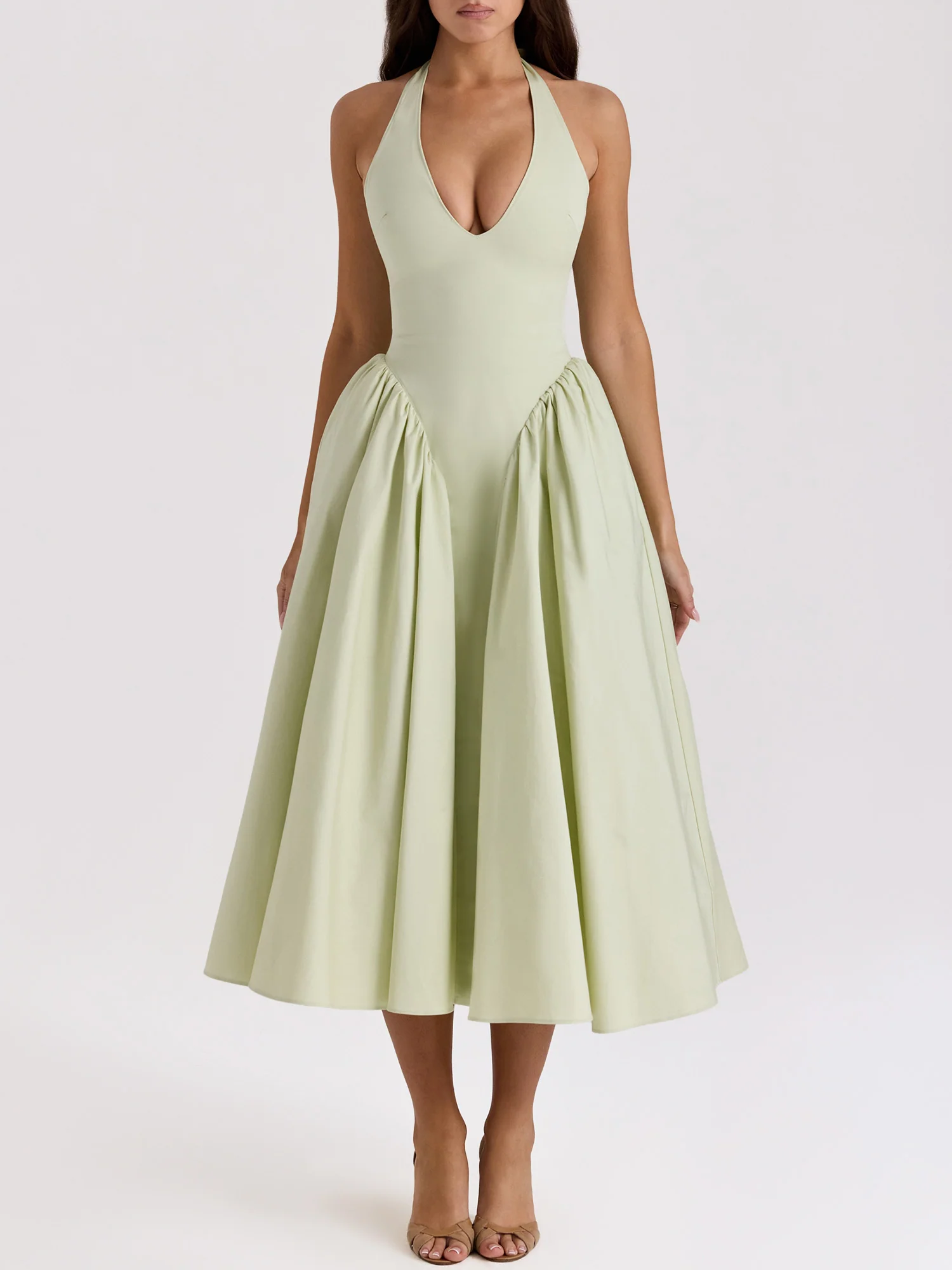 Pleated A-Line Halter Midi Dress