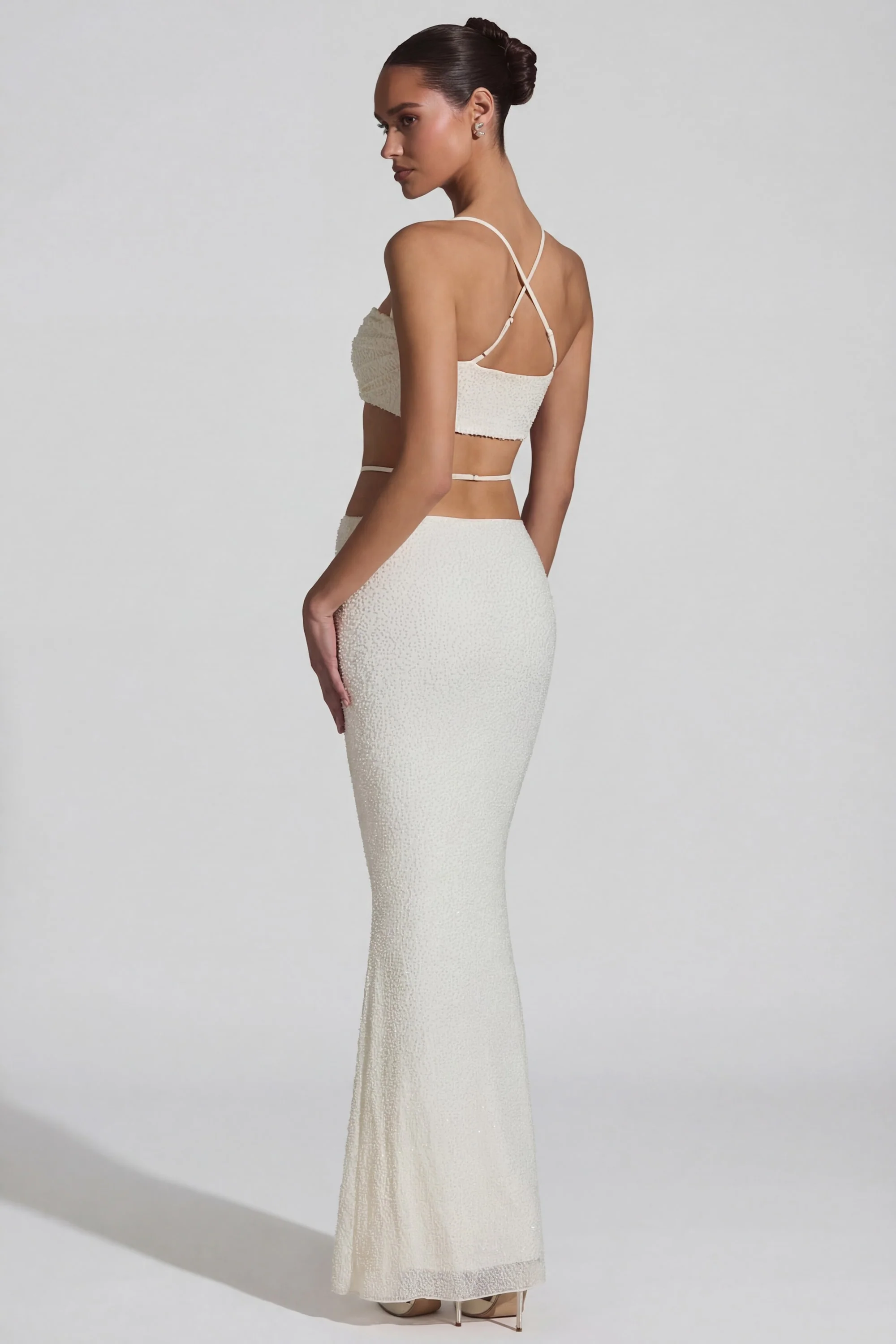 Embellished Cross Back Crop Top in White