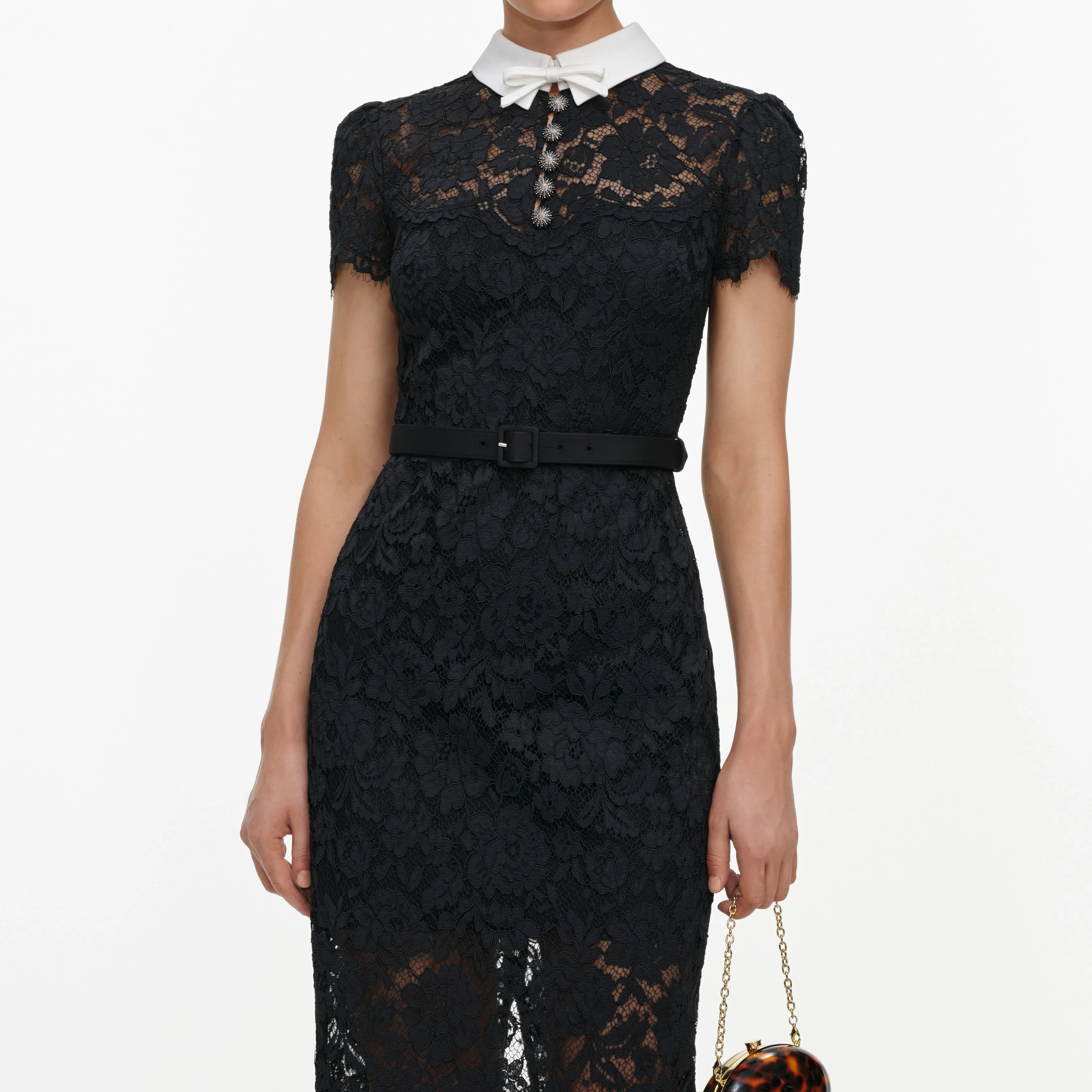 Black Lace Contrast Collar Midi Dress