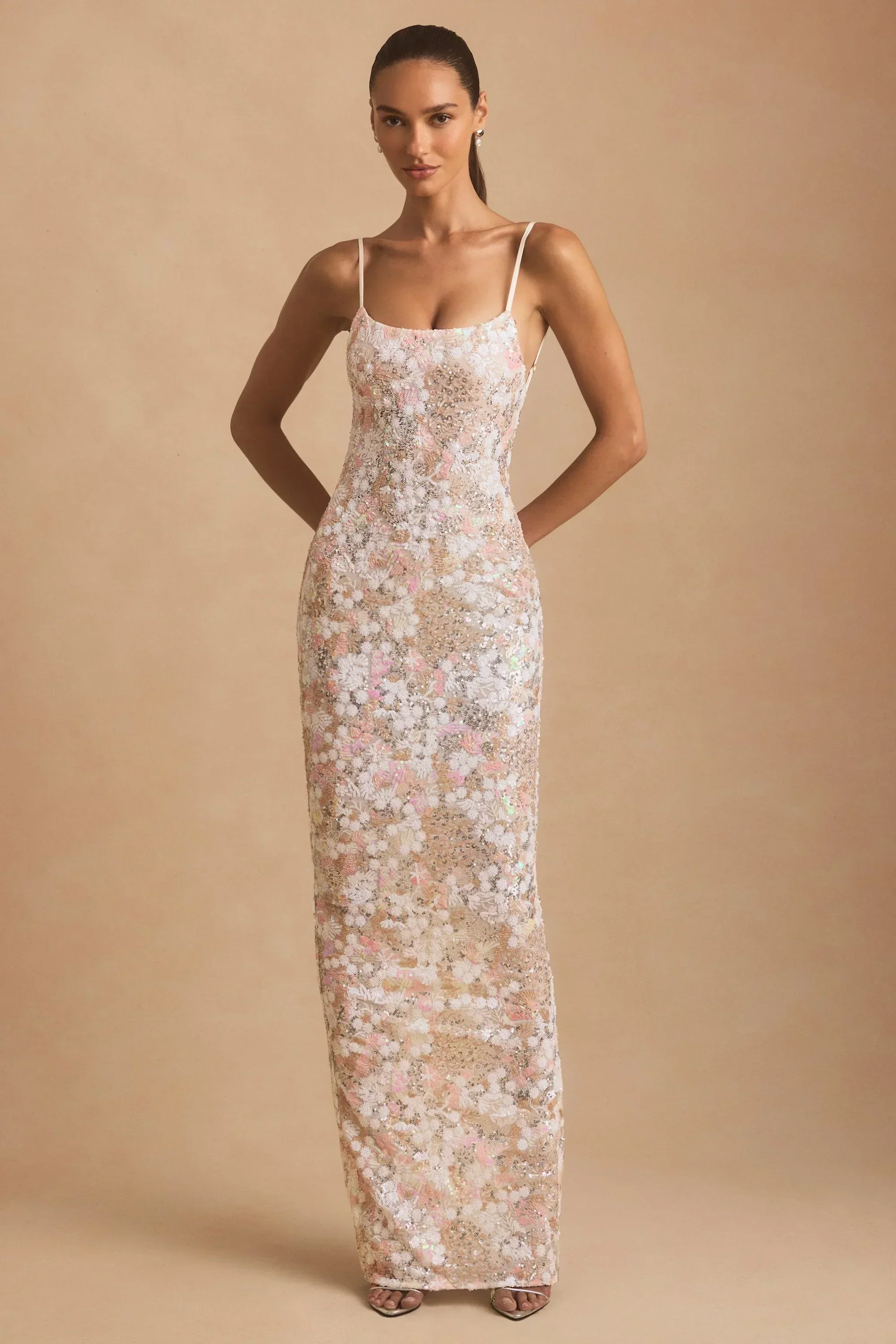 Embellished Scoop-Neck Backless Maxi Dress in Ivory