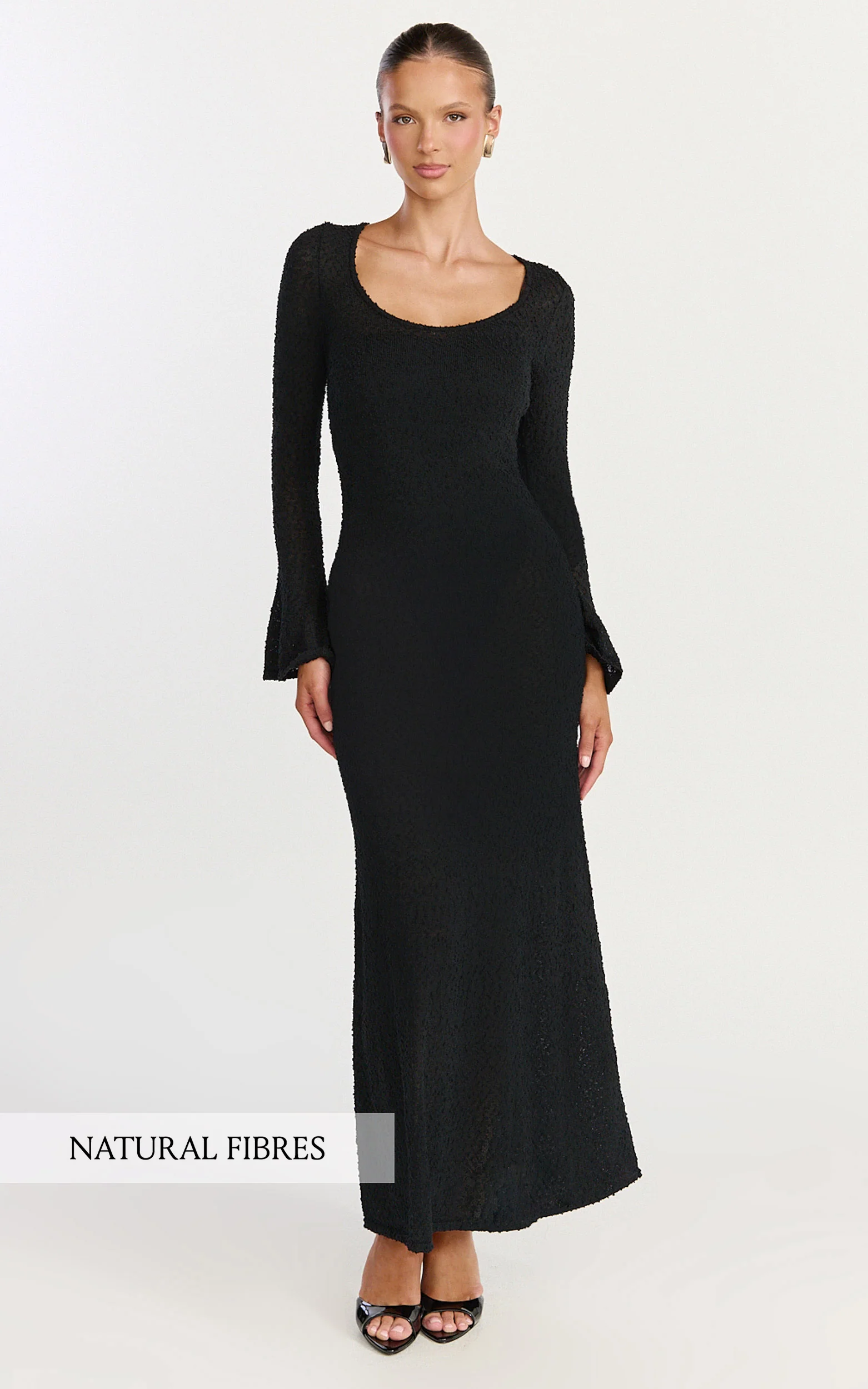 Michelle Maxi Dress - Scoop Neck Flute Sleeve Knit Maxi Dress in Black