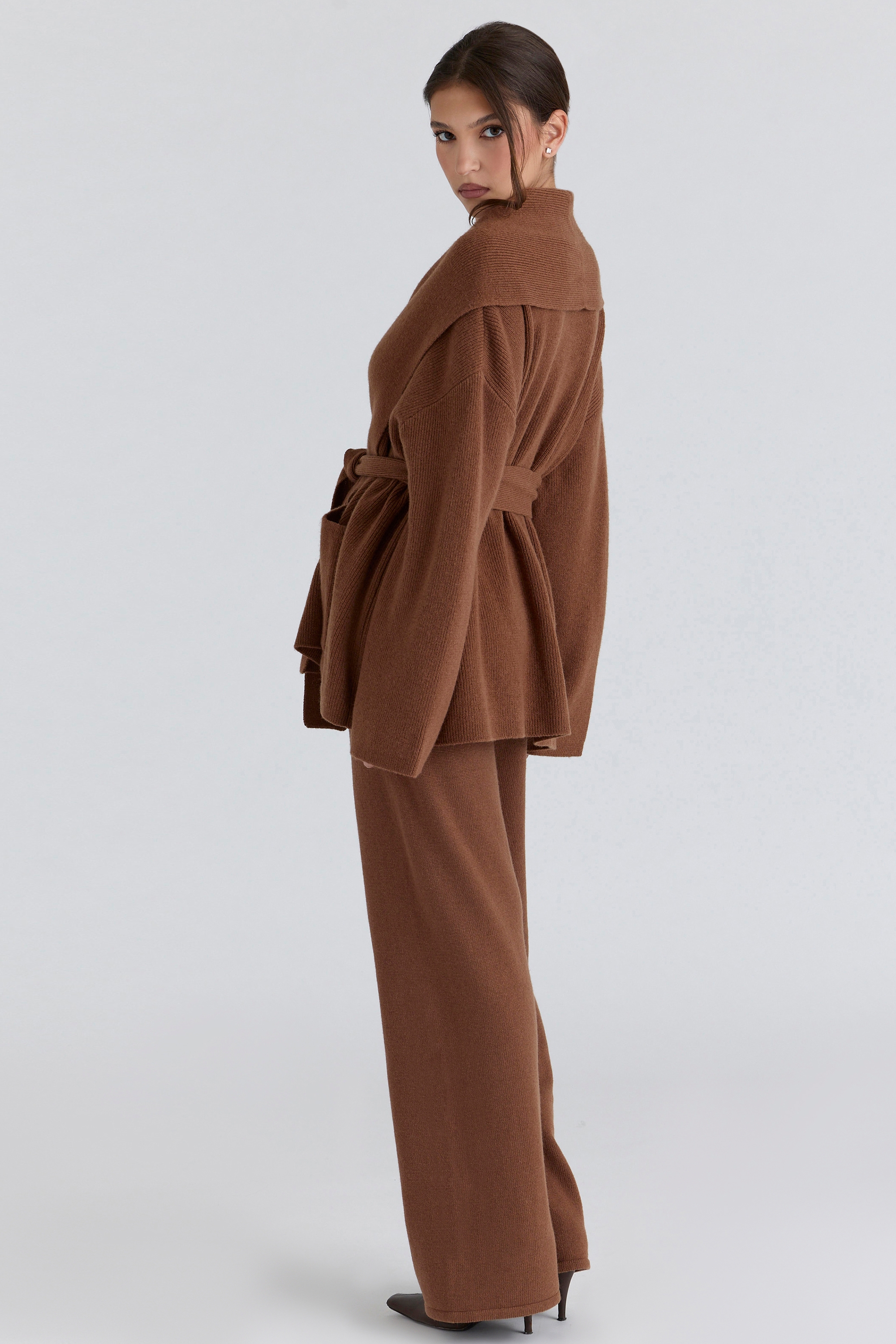 Tan Pure Wool Draped Front Cardigan