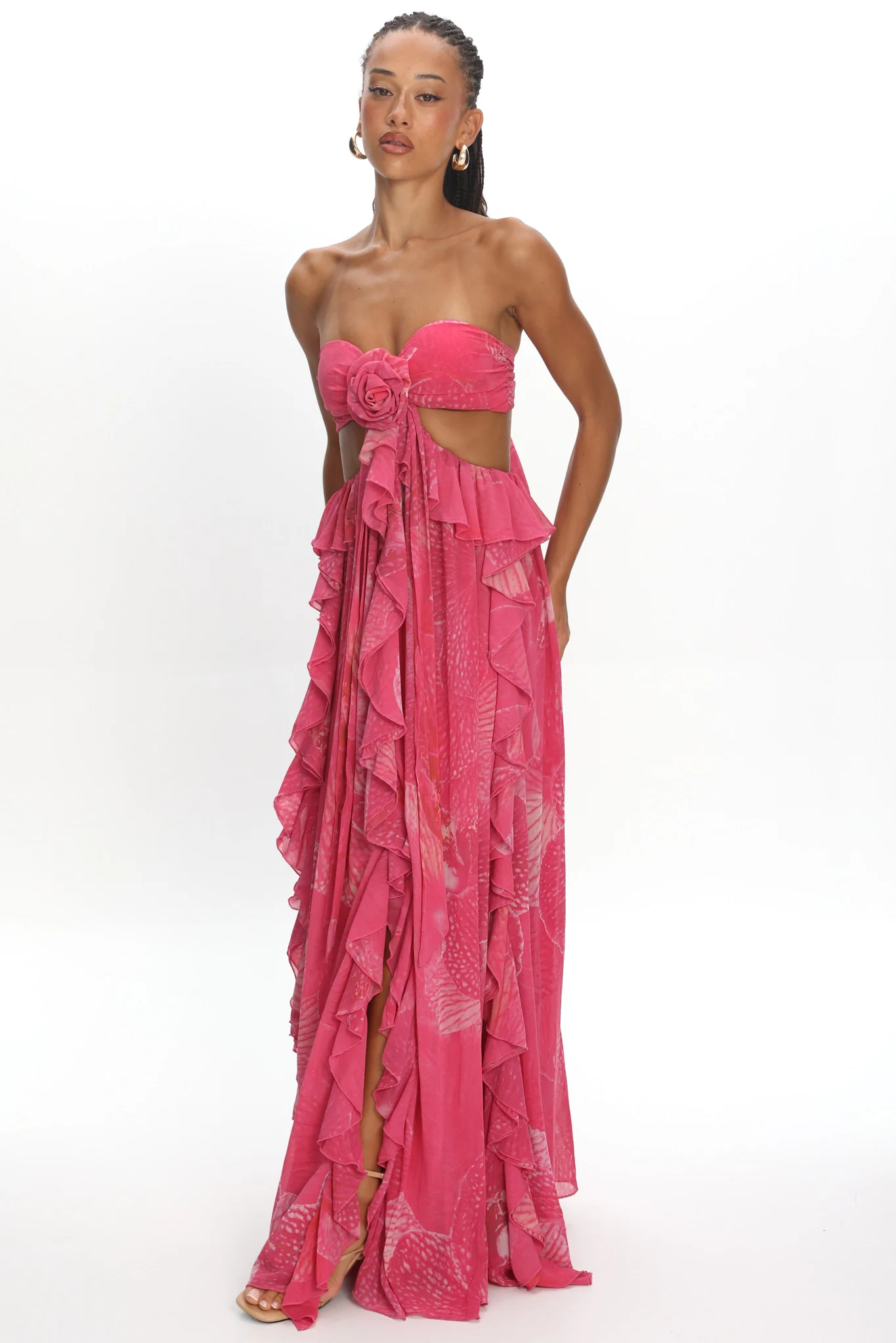 Santiago Cut-Out Ruffle Maxi Dress Print Pink - luluinthesky