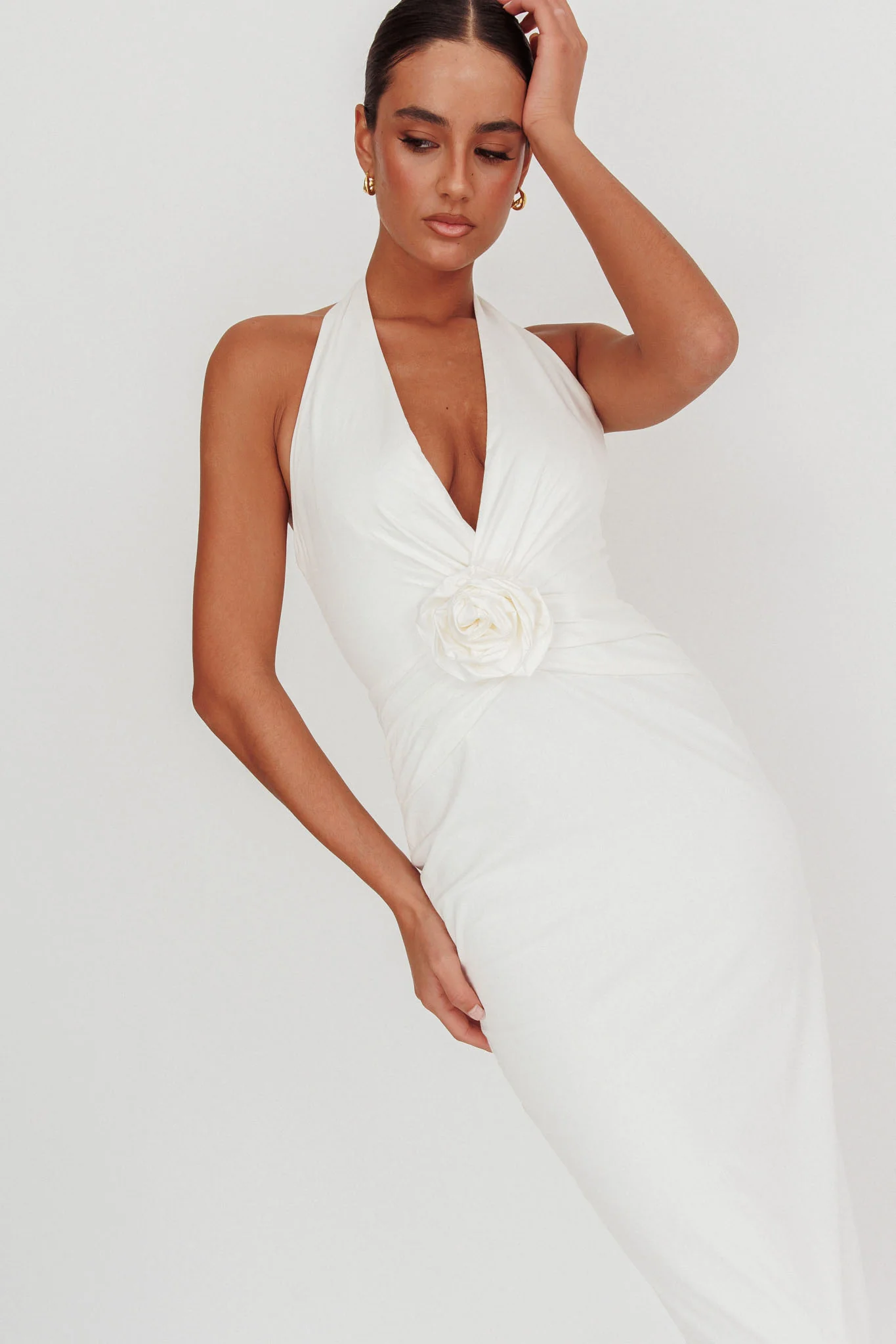 Sinners Rosette Halter Neck Maxi Dress White - luluinthesky