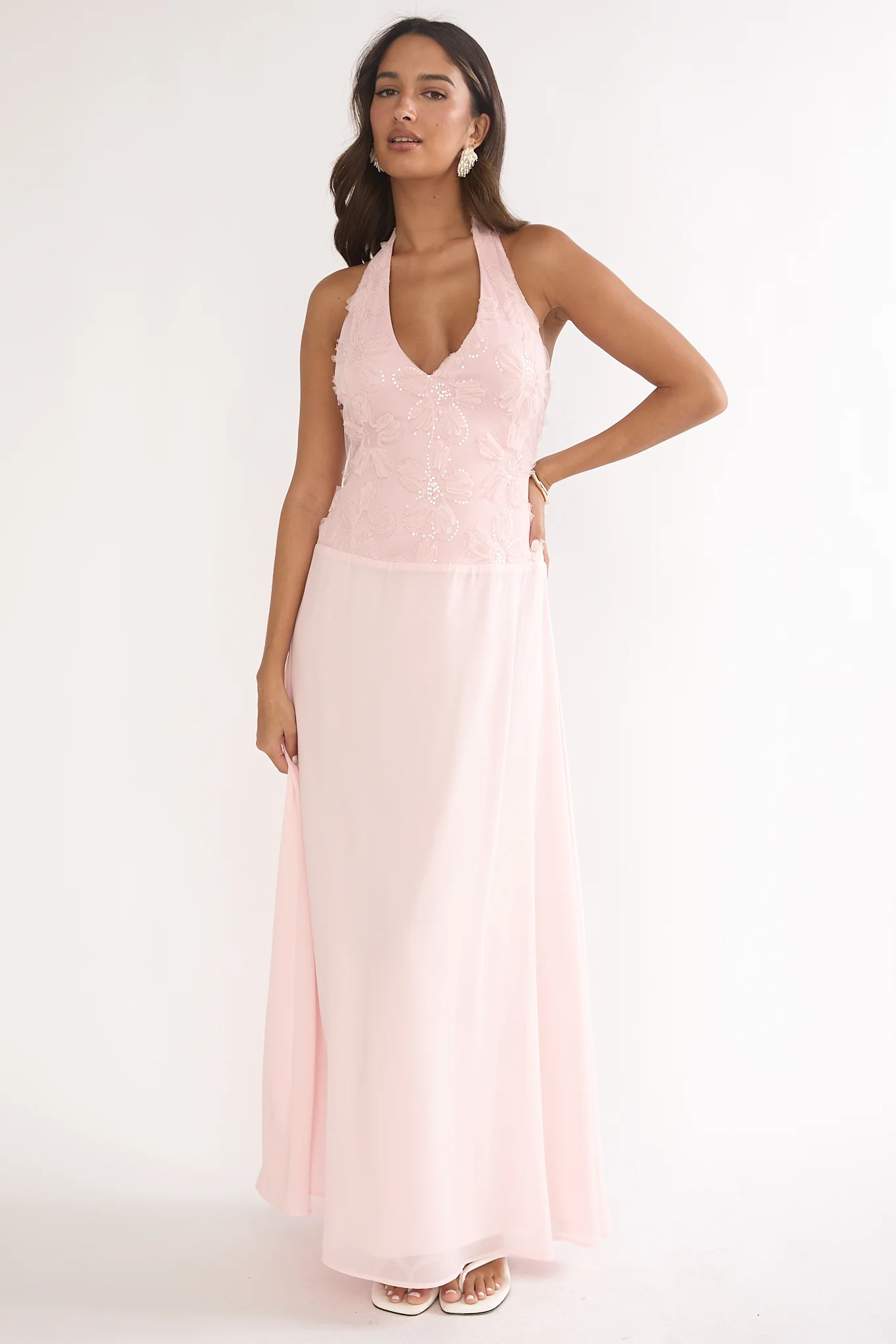 Blushing Belle Embellished Halter Maxi Dress Blush - luluinthesky