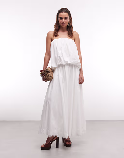 bandeau poplin maxi dress with embroidered lace hem in white