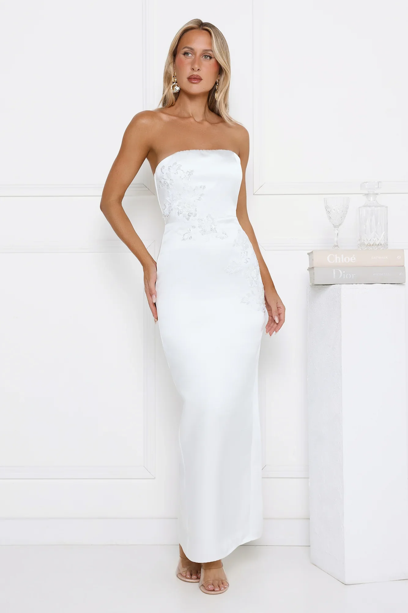 Dusk Desire Strapless Embellished Maxi Dress White - luluinthesky
