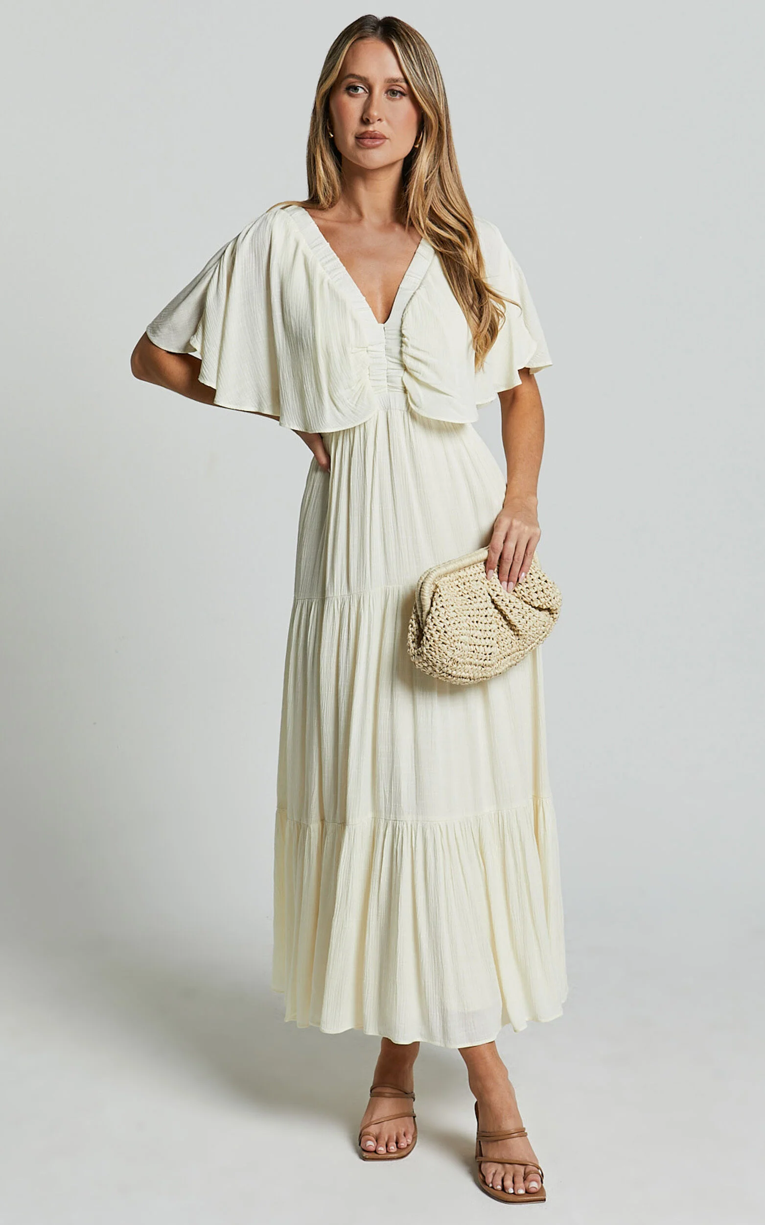 Danny Midi Dress - Ruffle Sleeve Tiered Dress in Natural