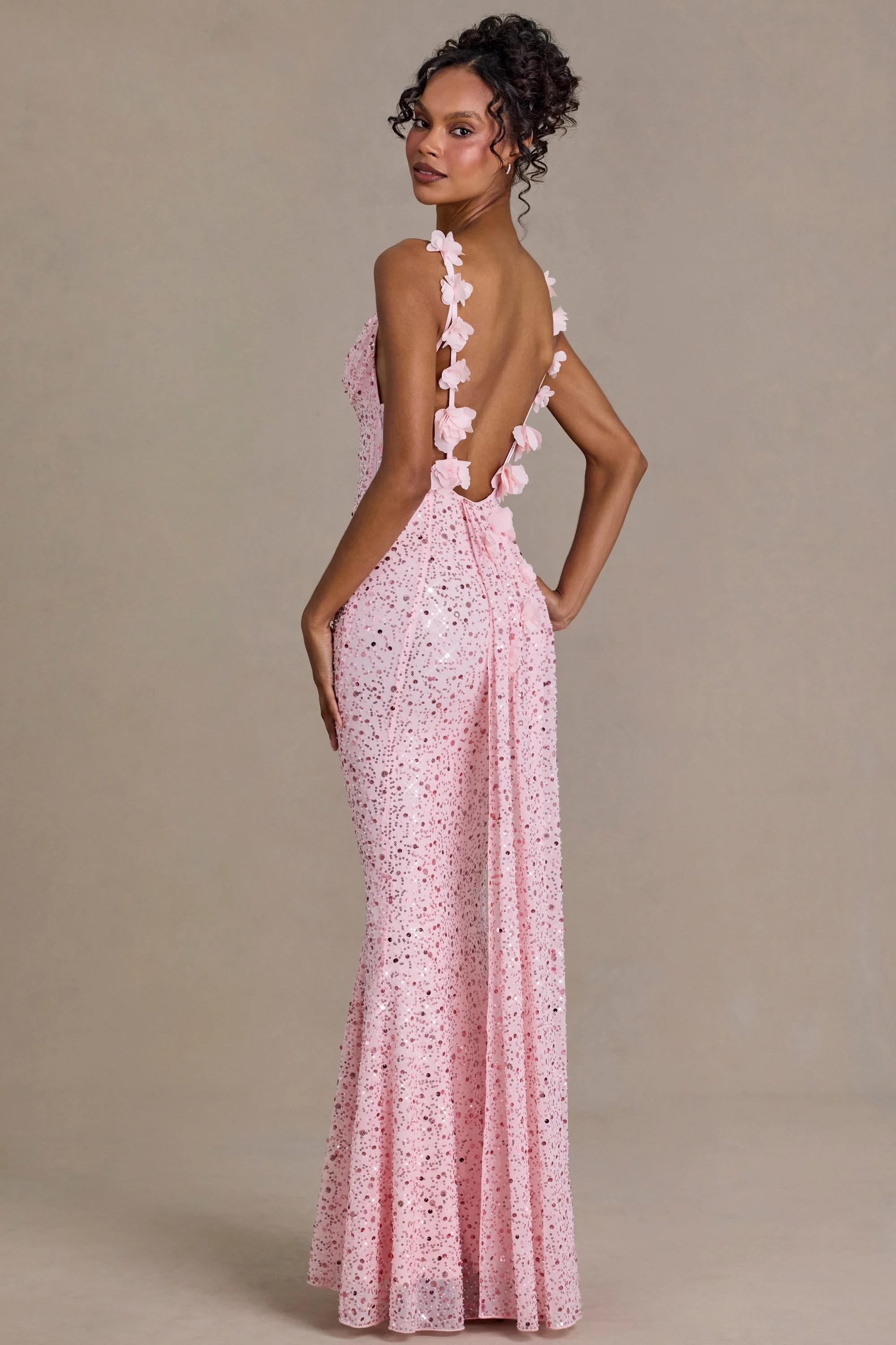 Embellished Open-Back Maxi Dress in Baby Pink