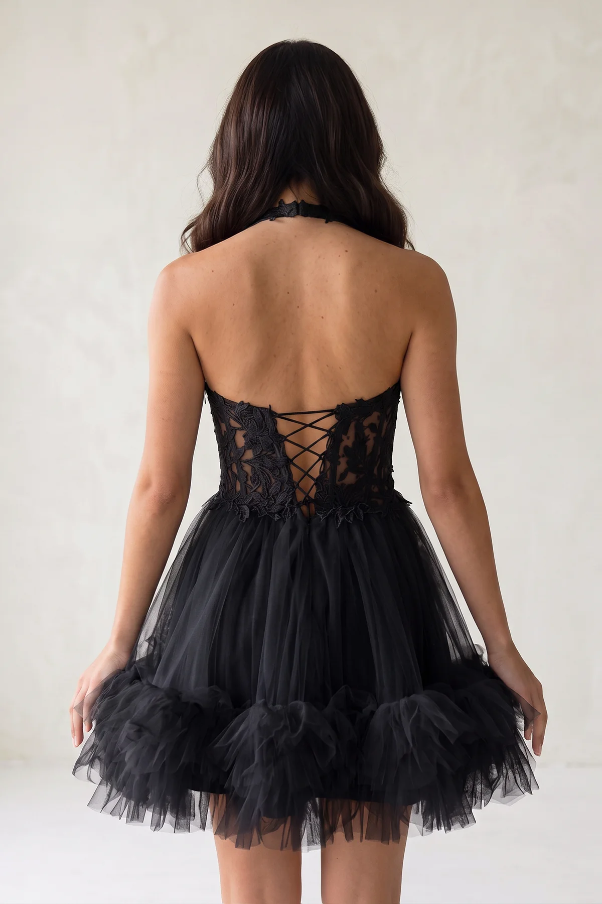 White Halter Tulle Tiered A-Line Homecoming Dress With Lace Appliques