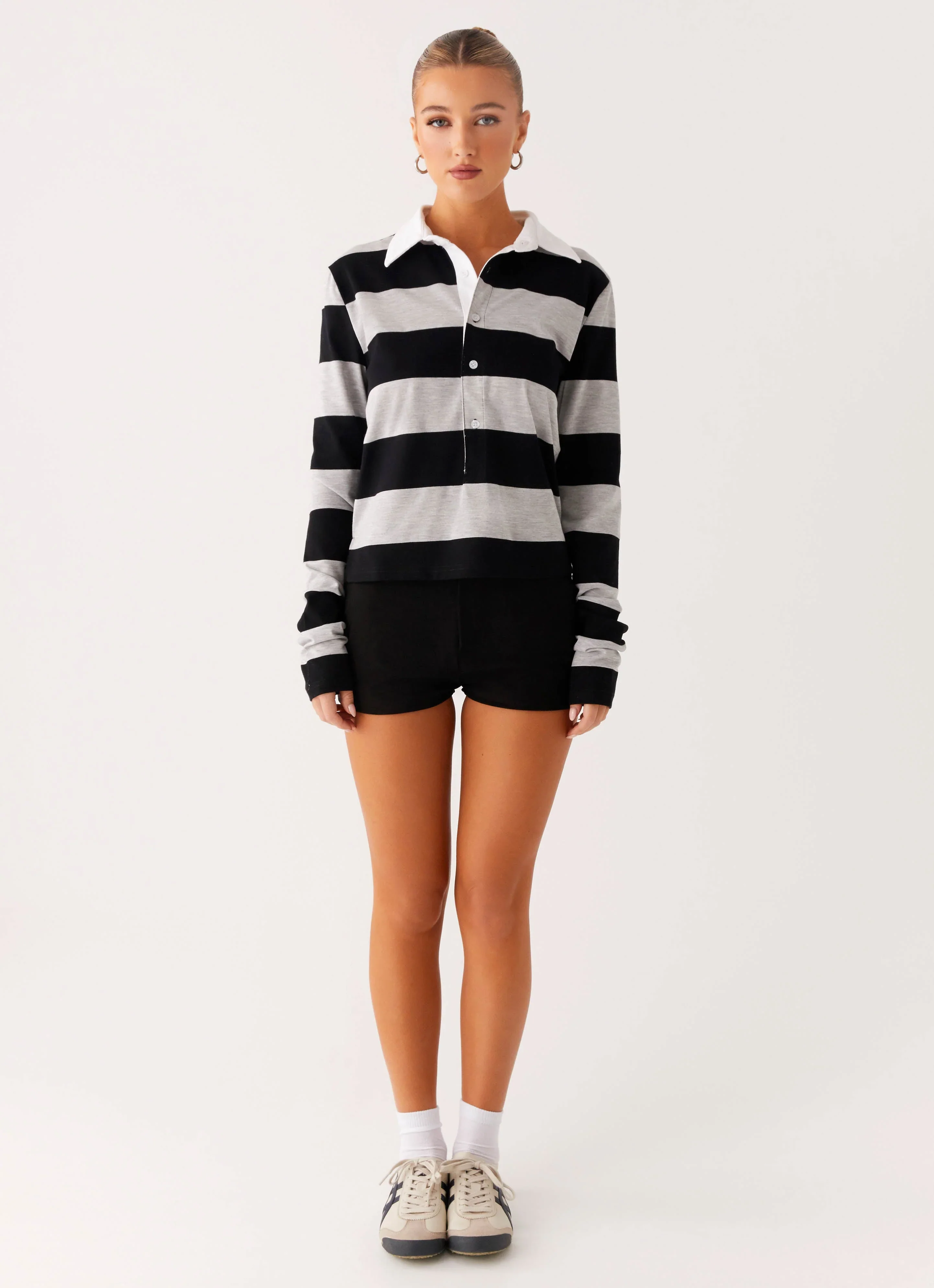 Beckett Polo Top - Grey Black Stripe