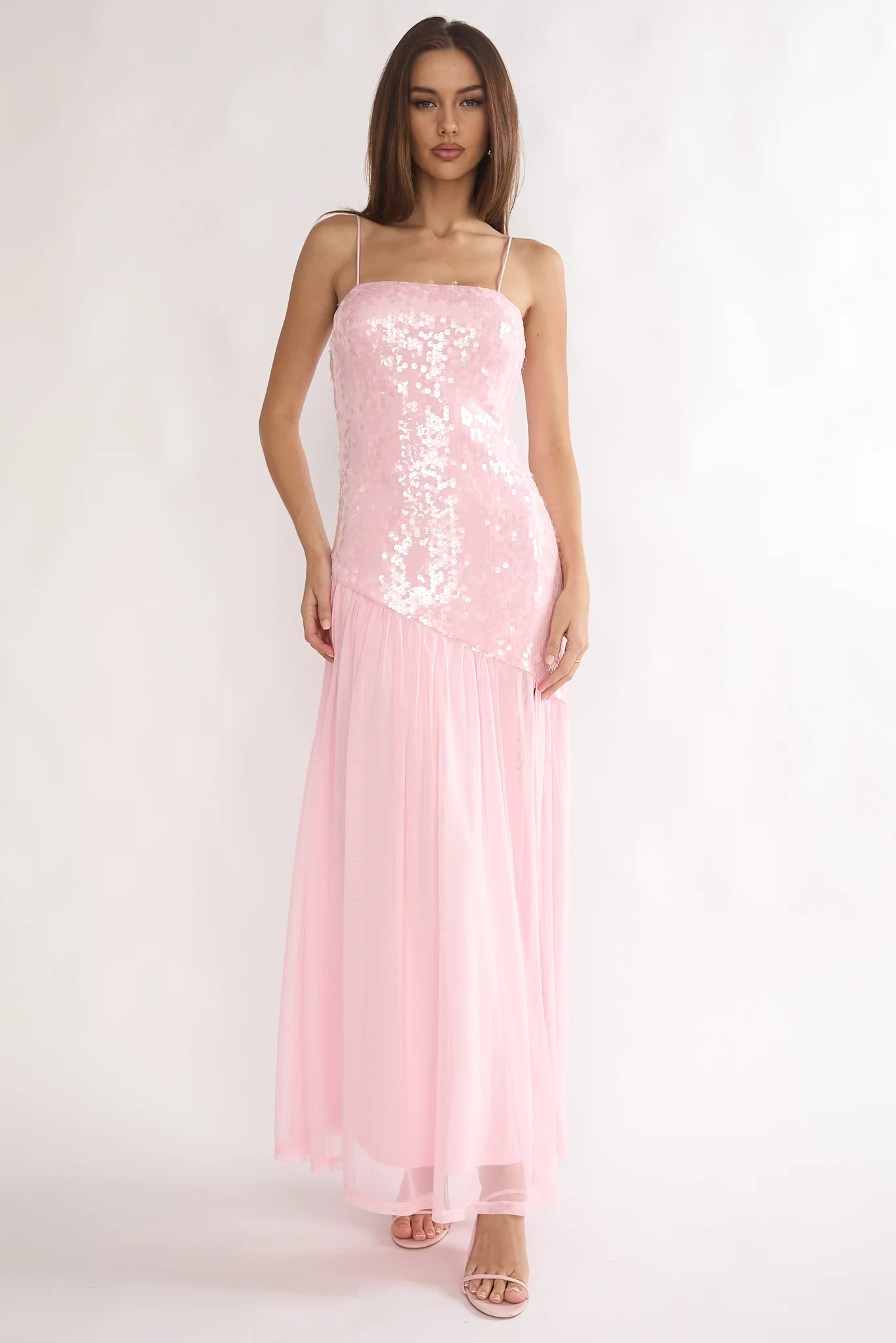 Azure Sun Drop Waist Split Maxi Dress Sequin Pink - luluinthesky