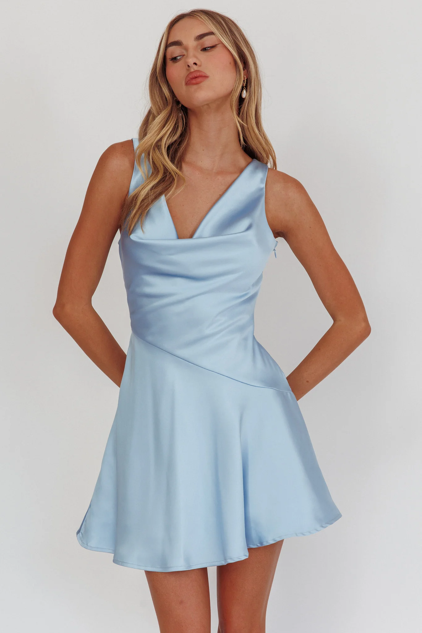 Brigid Cowl Neck Scoop Back Mini Dress Blue