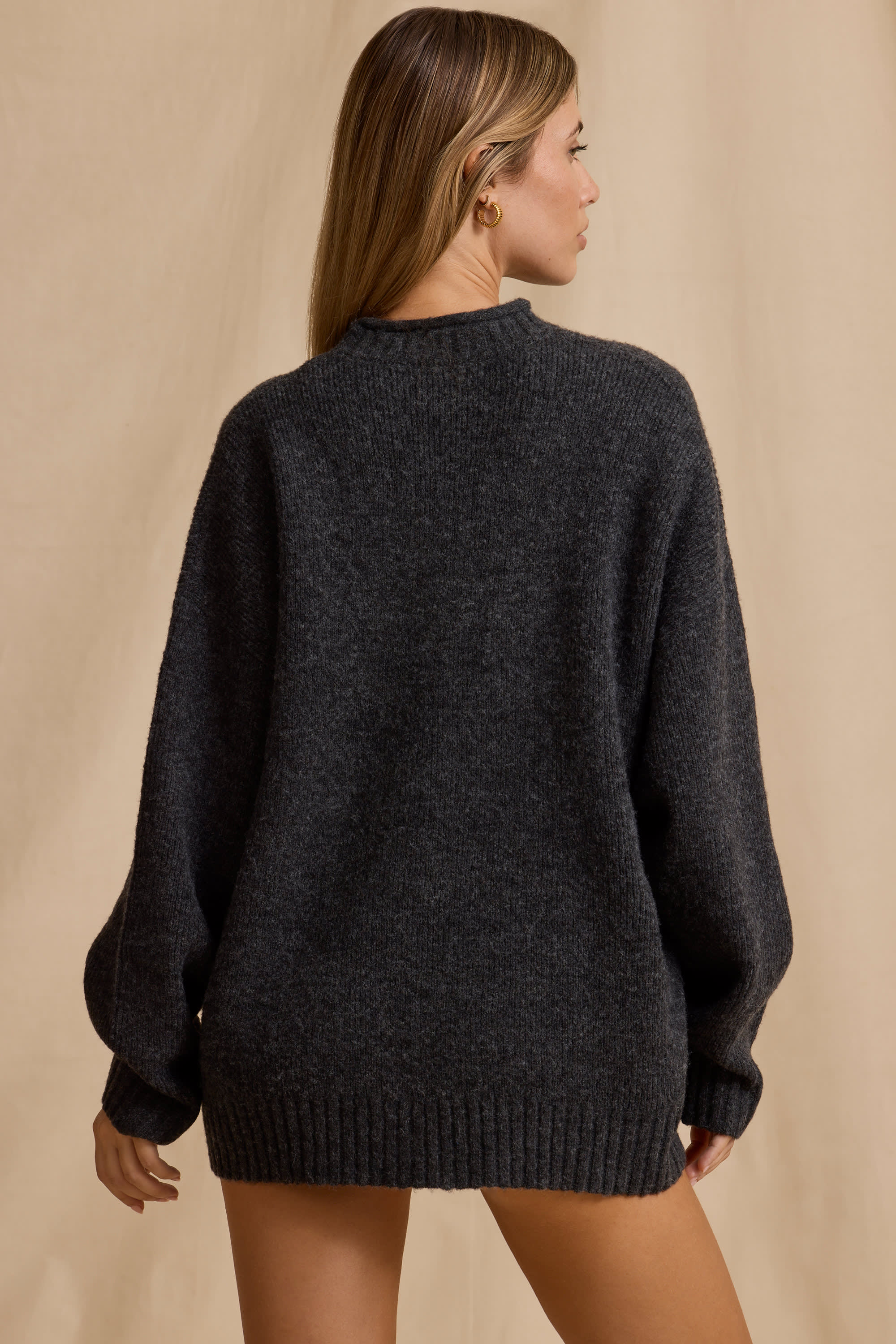 Ribbed Knit Oversized Jumper in Charcoal Marl