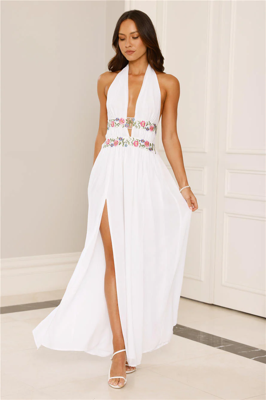Maldives Garden Halter Maxi Dress White