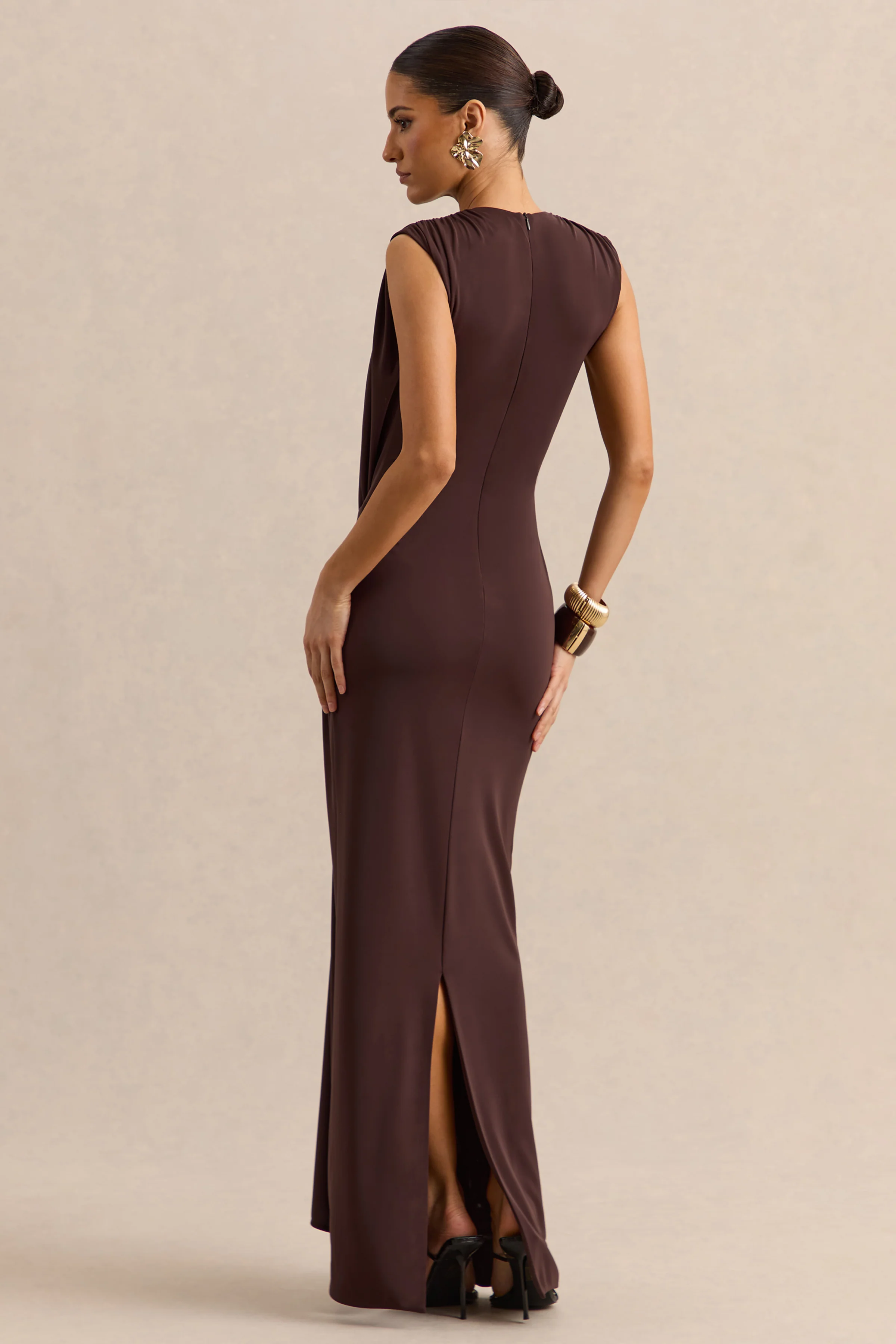 Blythia | Brown Round-Neck Maxi Dress With Gathered-Detailing
