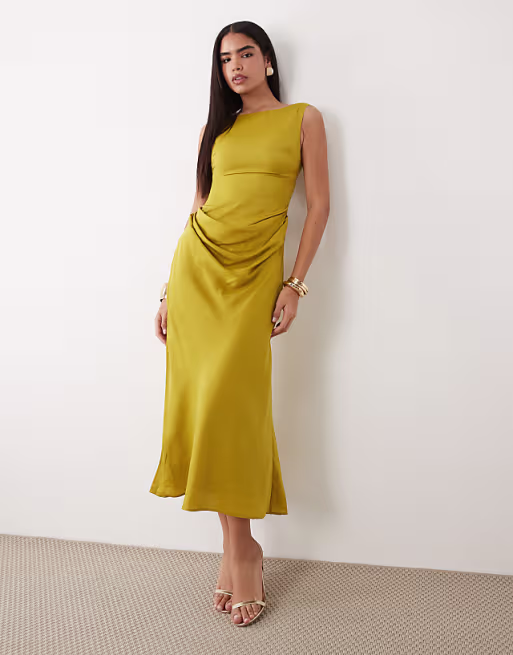 satin high neck drape skirt maxi dress in golden olive