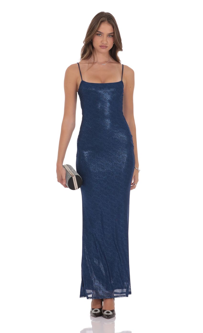 Foil Mesh Bodycon Maxi Dress in Navy