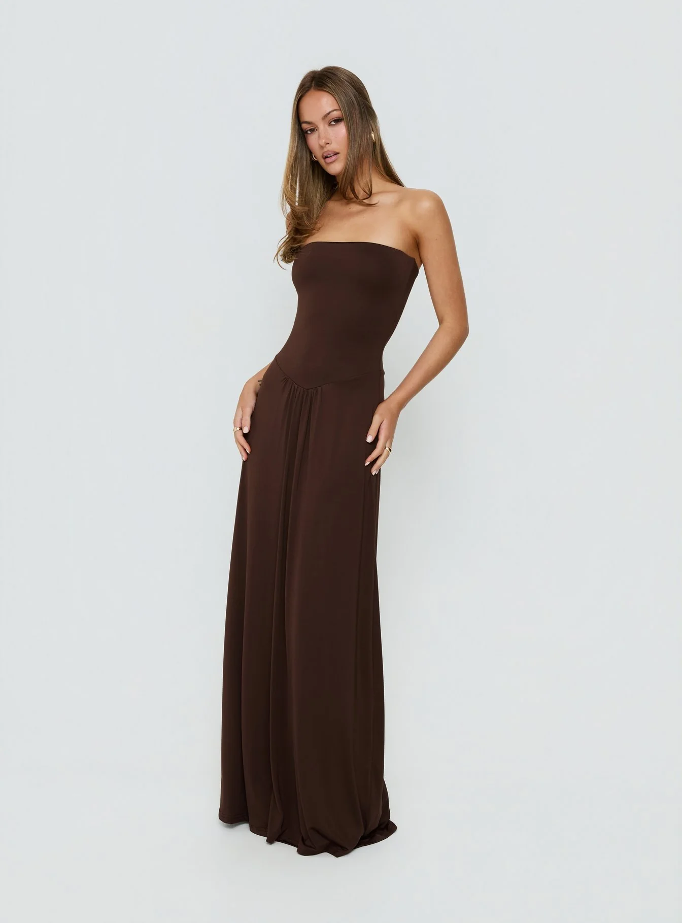 Ophal Strapless Drop Waist Maxi Dress Brown