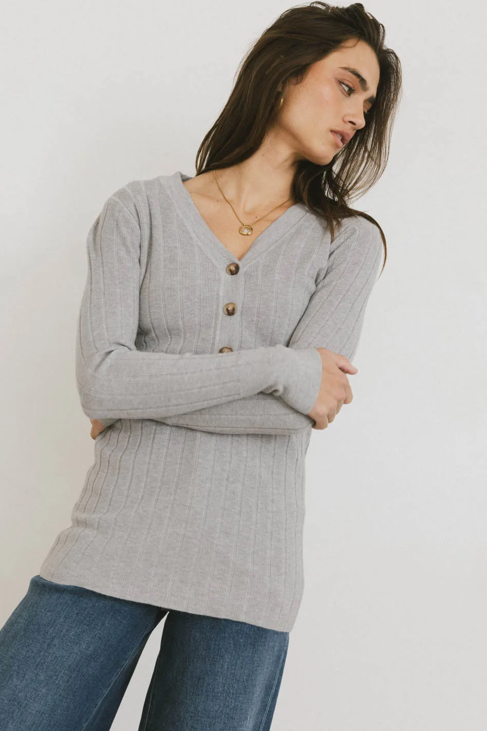 Ribbed Button Front Top in Grey
