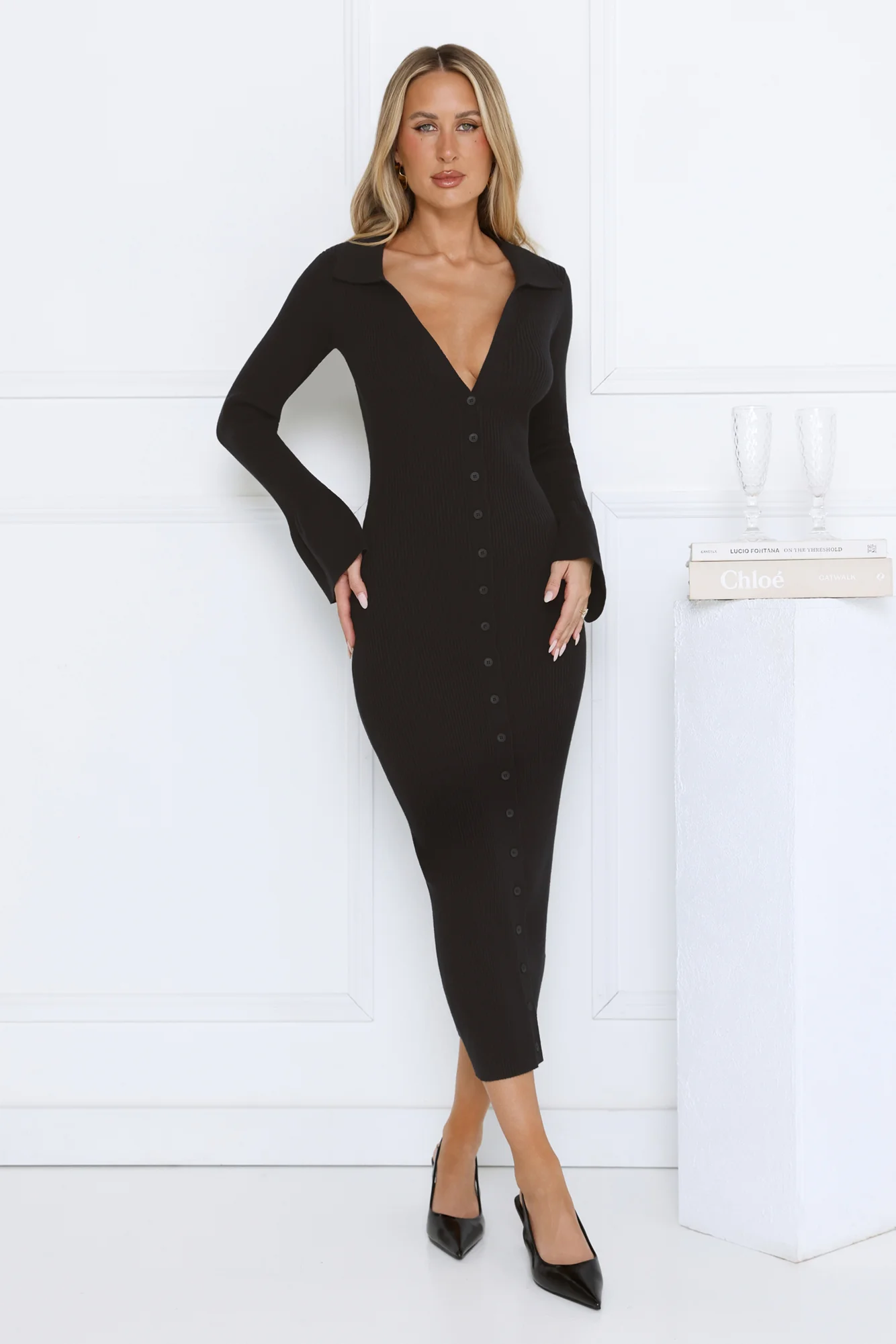 Snow Kiss Soirée Ribbed Midi Dress Black