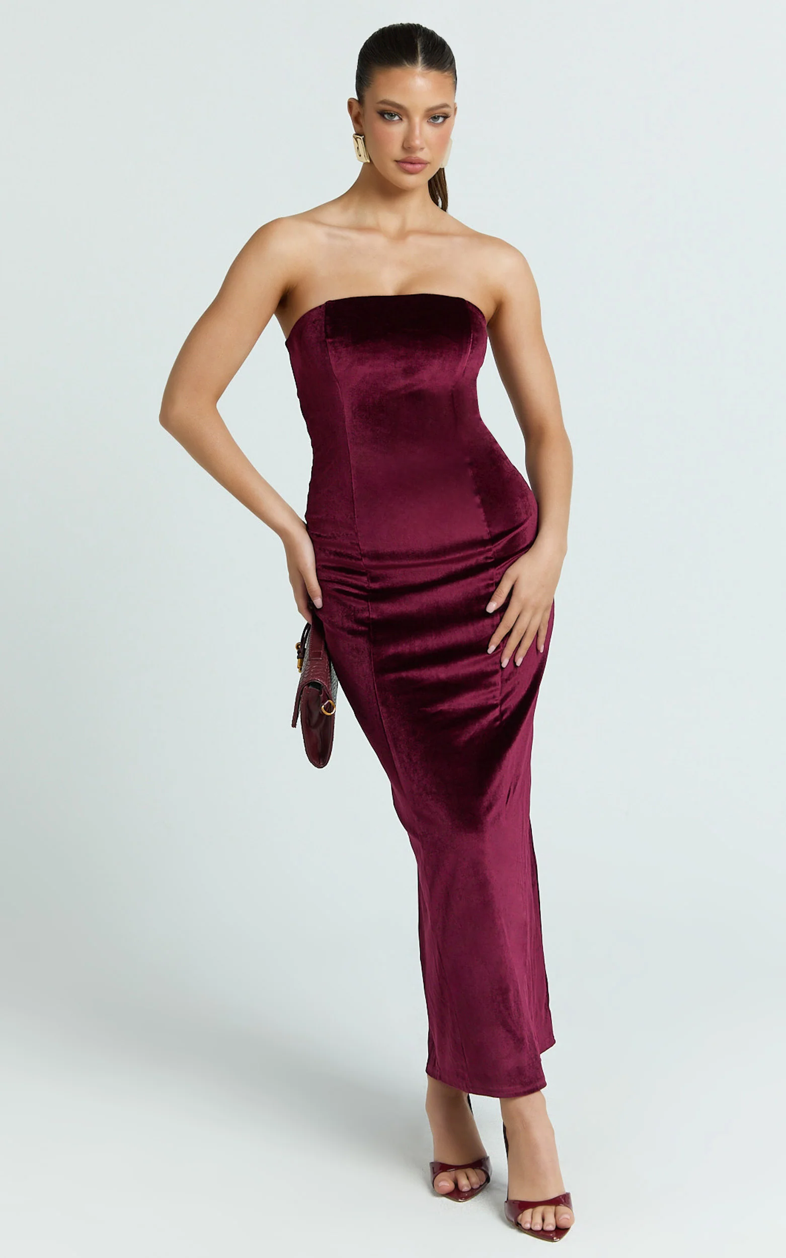 Cartia Midi Dress - Velvet Strapless Bodycon Dress in Wine