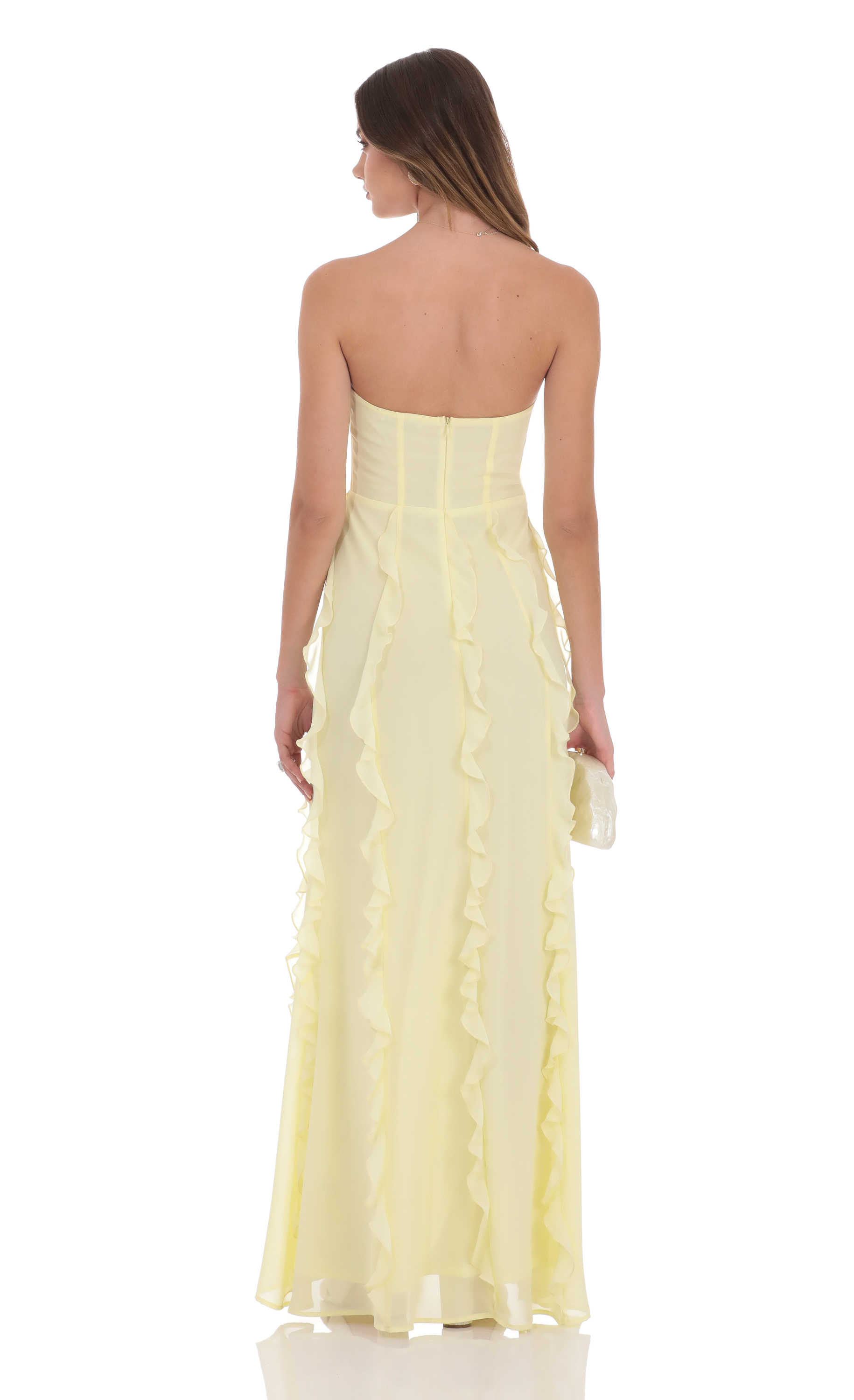 Chiffon Rosette Ruffle Maxi Dress in Yellow - luluinthesky
