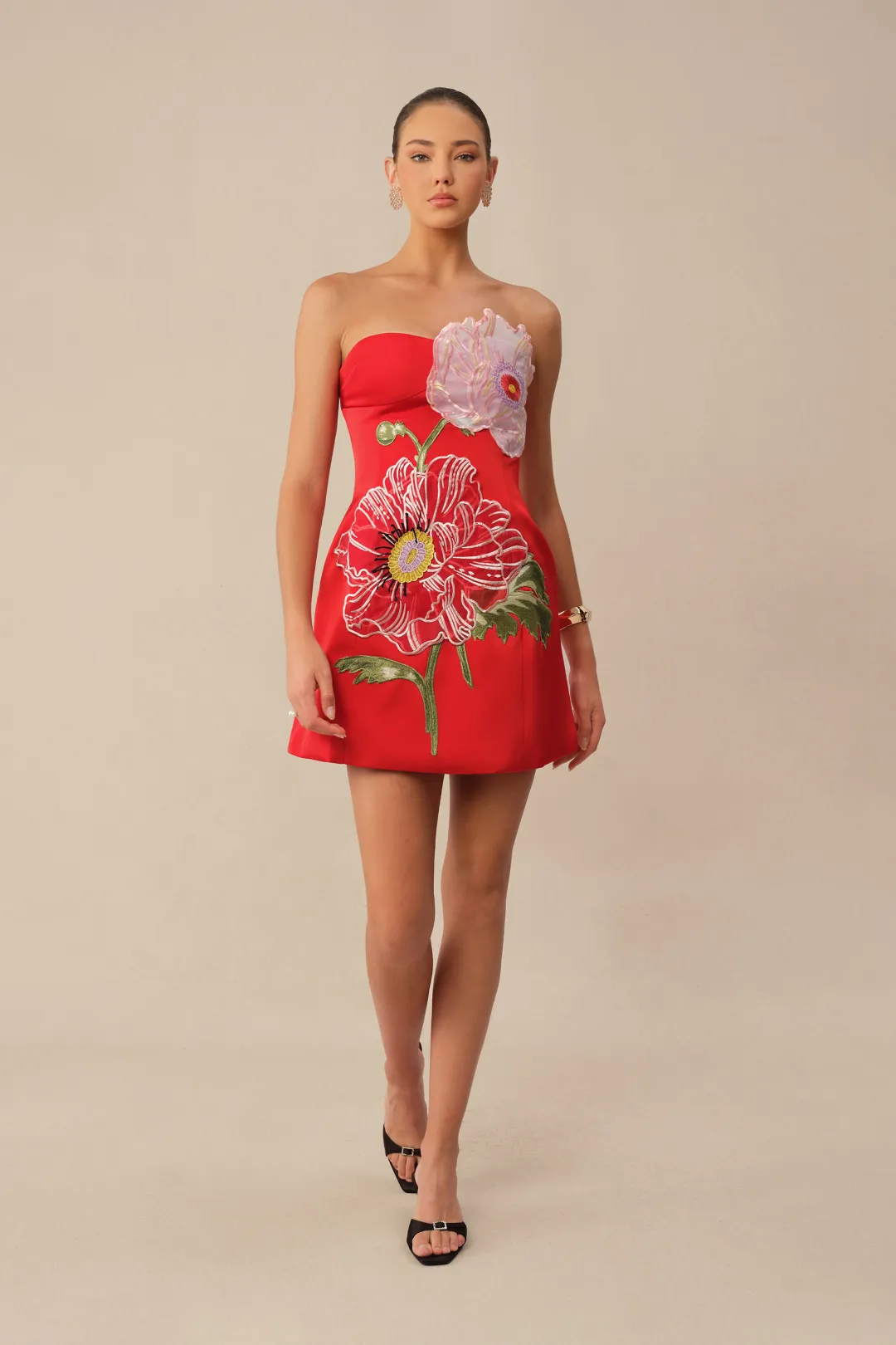 The Guest List Red Strapless Floral Embroidery Mini Dress