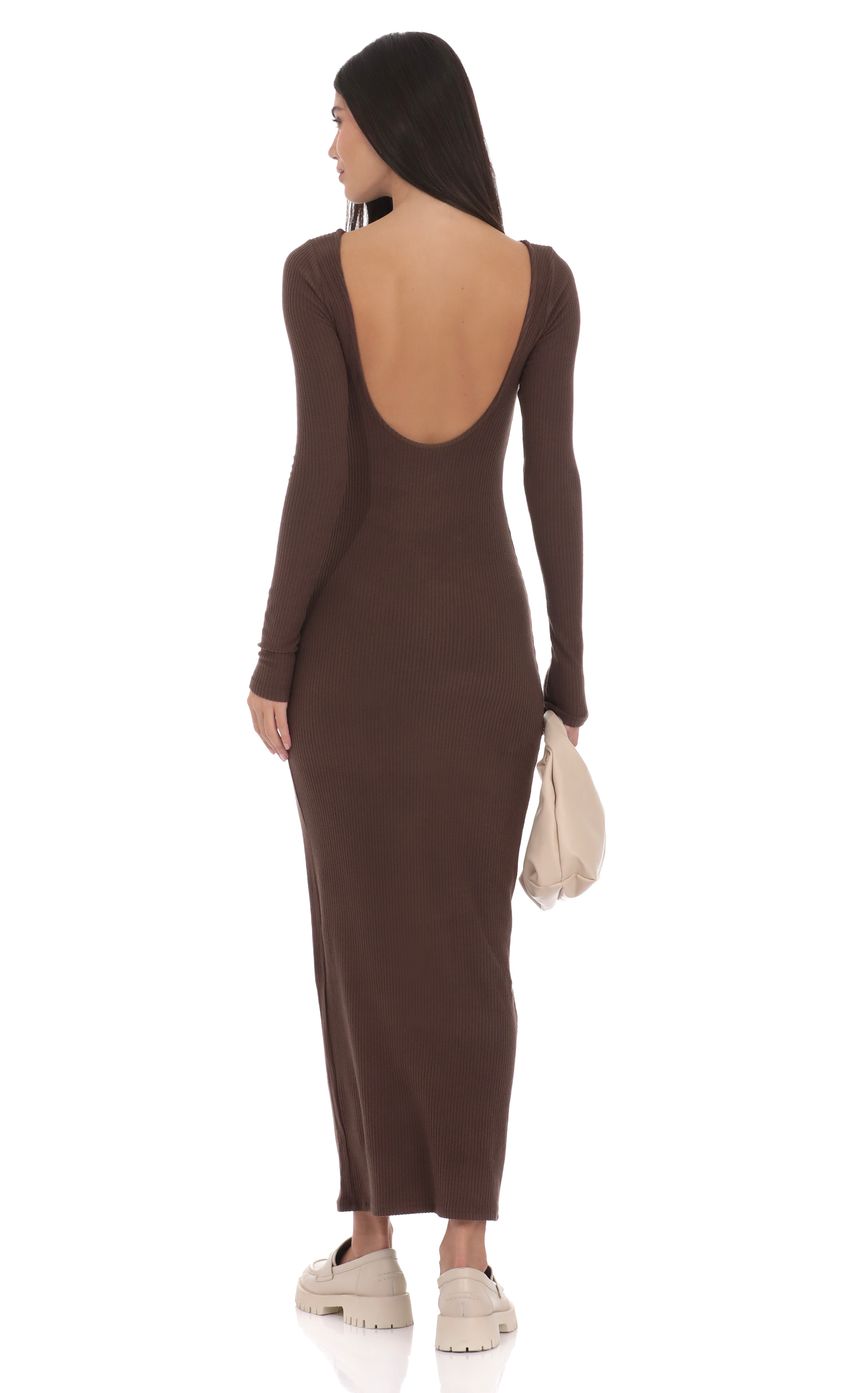 Ribbed Open Back Maxi Dress in Brown