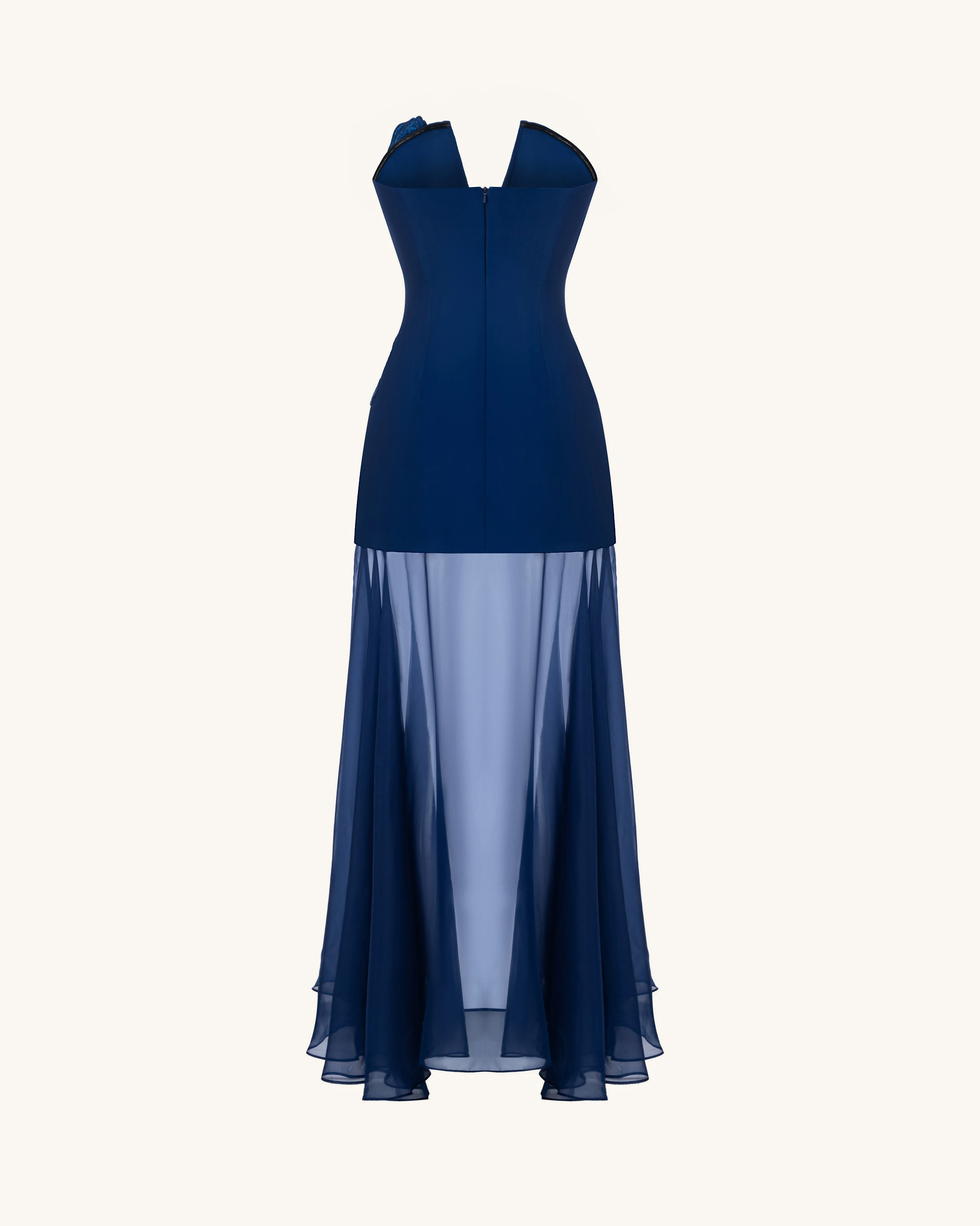 Iris Embroidered Plunge Sheer Overlay Maxi Dress - Navy Blue - FASHION NOB