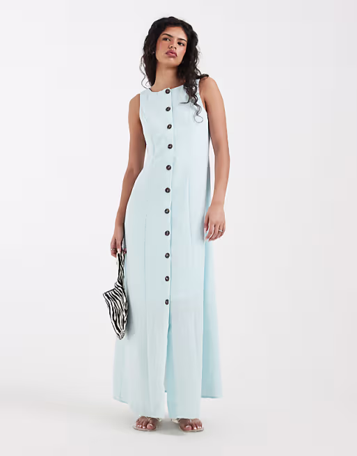 Vero Moda linen look button front maxi dress in delicate blue