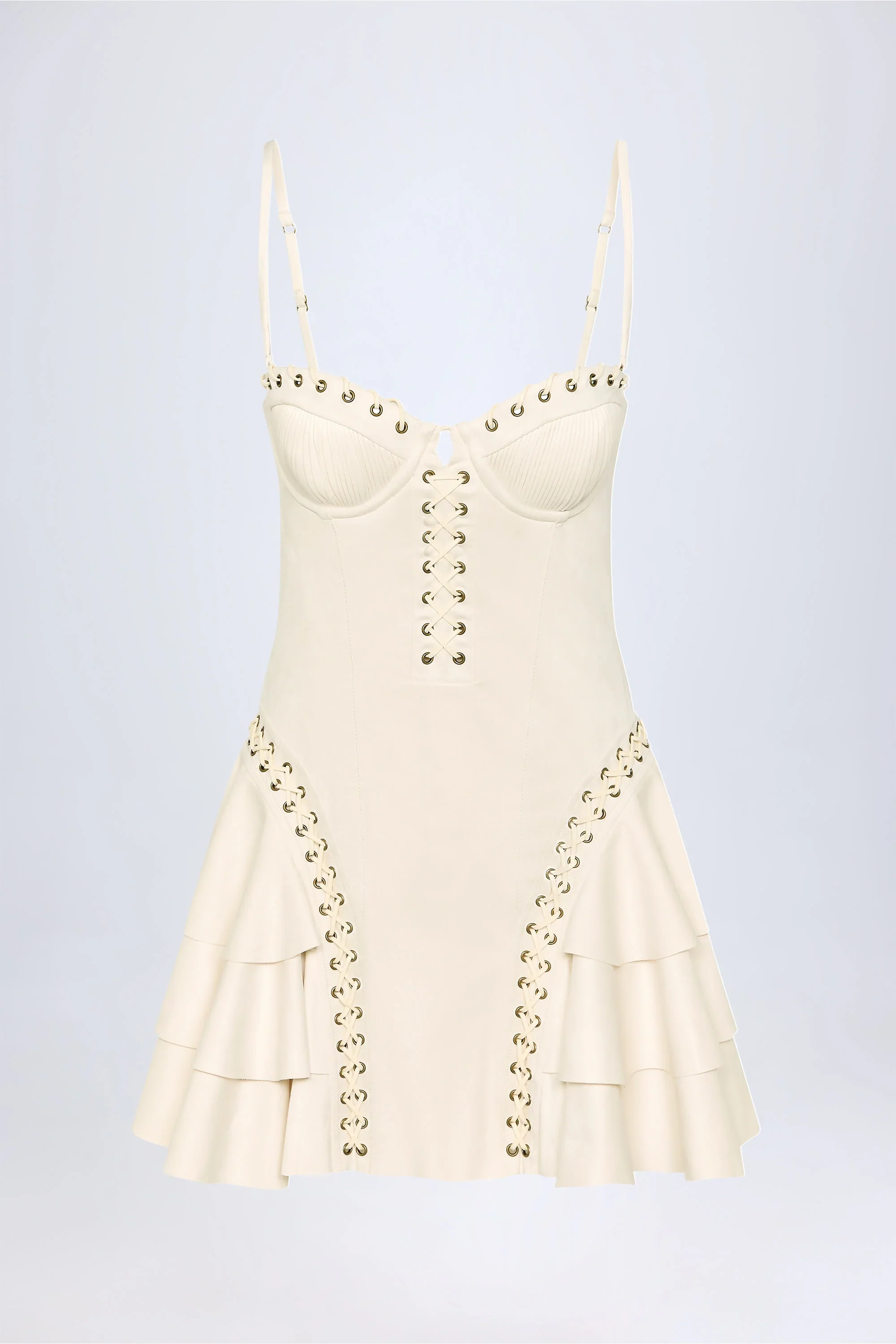 Lace-Up Tiered Corset Mini Dress in Ivory