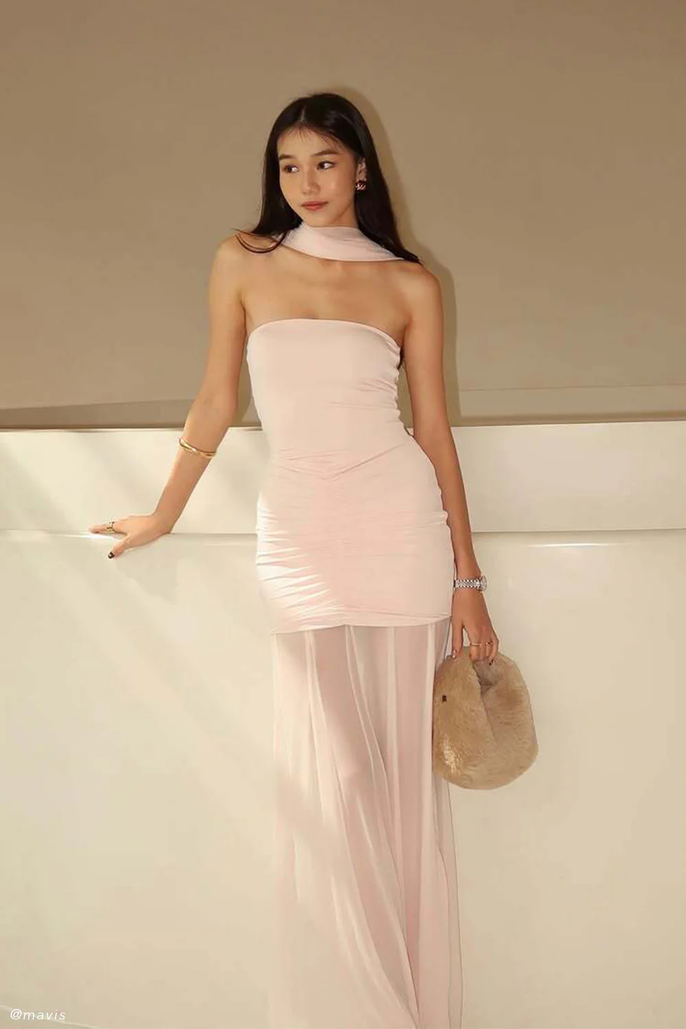 Caspian Slinky And Mesh Off Shoulder Maxi Dress - Pale Pink