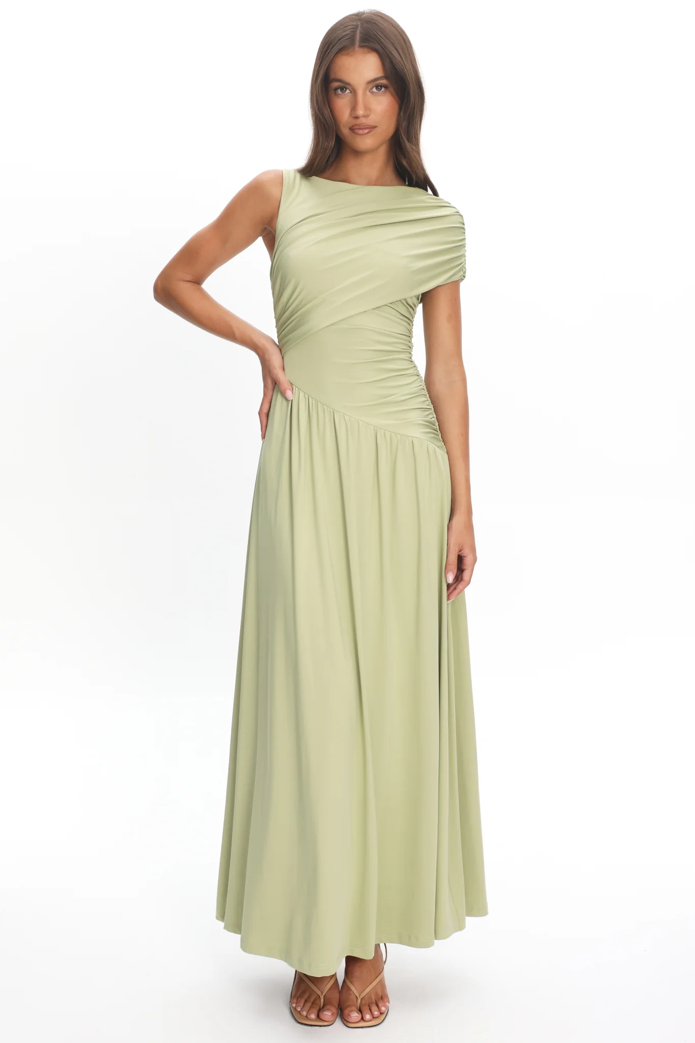 Adiel Ruched Asymmetric Waist Maxi Dress Olive - luluinthesky