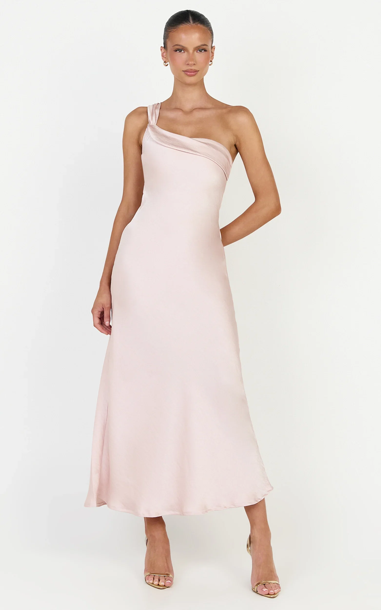Calix Midi Dress - One Shoulder Slip Dress in Pink